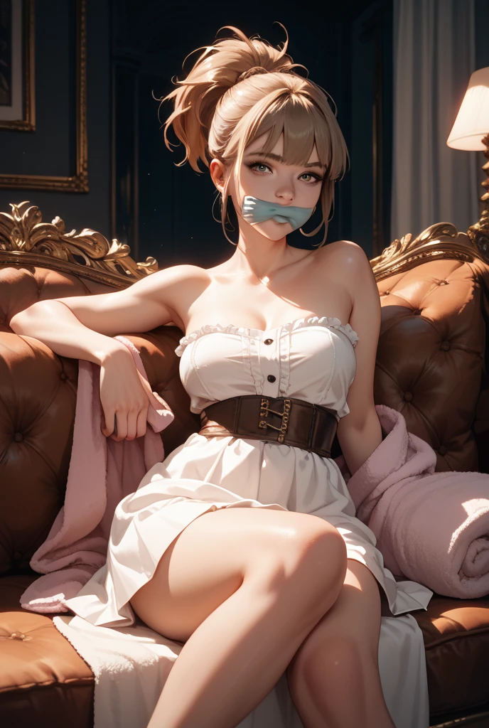 young woman, handcuffs, gag, anime,lace underwear, stiletto sandals, knee-high stockings, blonde, braids, bright makeup, arrested