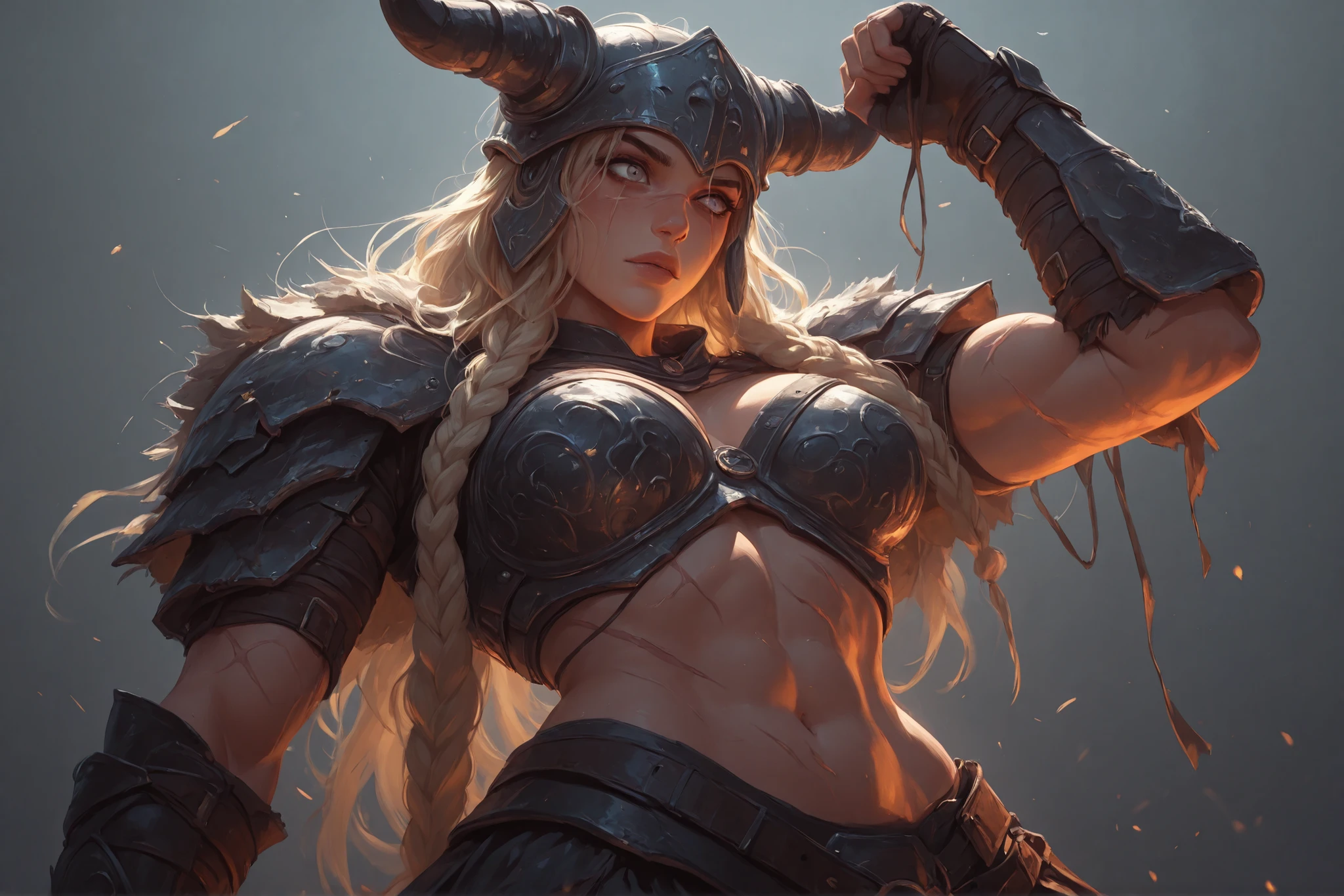 Viking woman, beautiful face, grey-eyed, a scar on one of his eyes, sexy body, iron armor with a horned helmet, in an intimidating posture