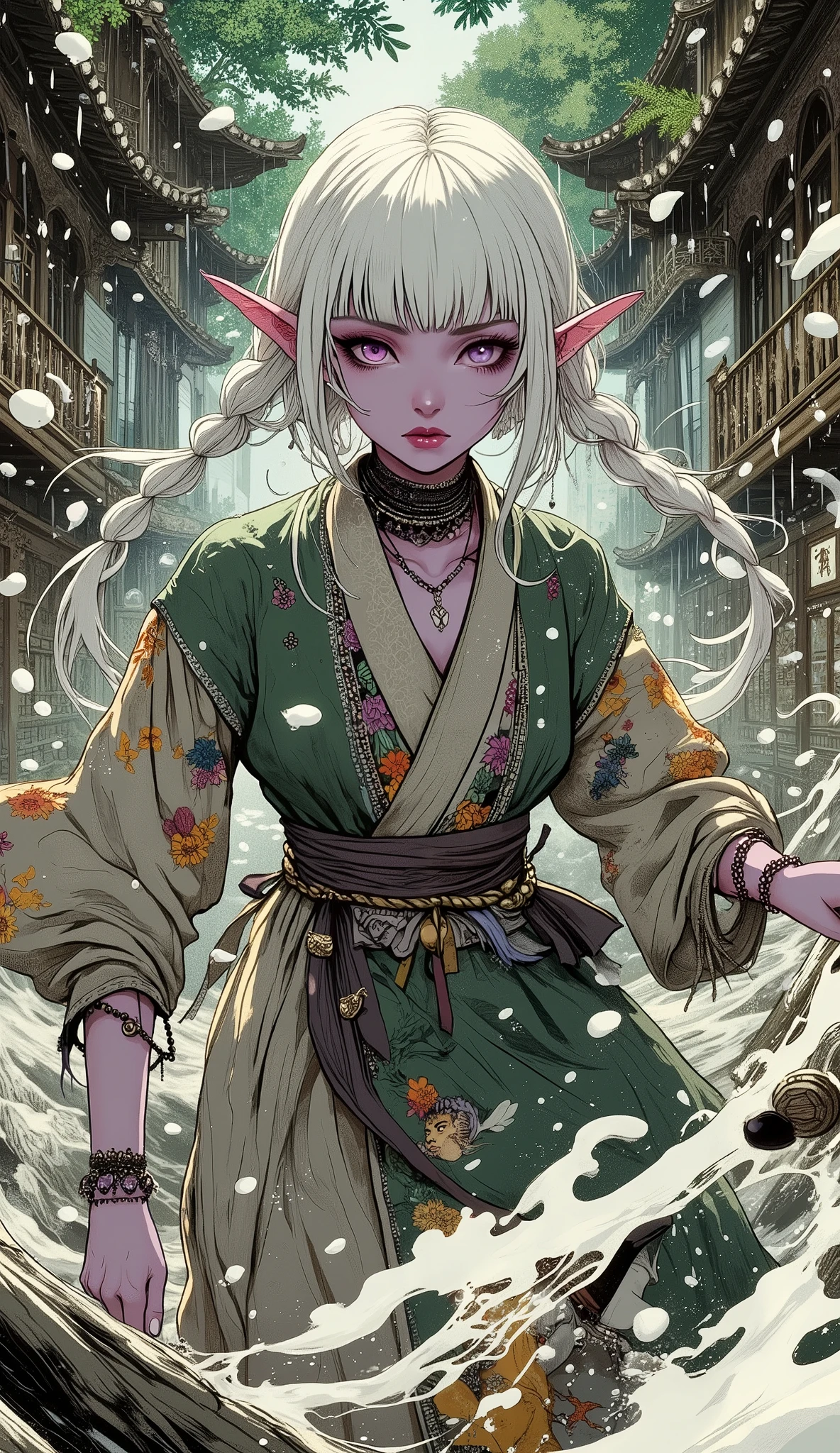 (A fusion of Ukiyo-e and dark fantasy. Aesthetic and gothic digital art. The illustration is drawn from a viewpoint looking up at a woman from a low position.) BREAK
(White hair. Blunt bangs. White eyebrows. Long white eyelashes. Almond-shaped eyes. Lavender eyes. Dark, thick eyeliner. Small pink lips. Slightly pointy ears. Dark purple skin. Thin limbs. Thin fingers. White fingernails. One thumb and four fingers accurately drawn.) BREAK
(Set in medieval Asia, this is the story of a courtesan living in a beautiful old castle with lush forests and beautiful wooden architecture. Fresh sunshine is shooting through a break in the rain clouds and drizzling rain mixed with the wind. The courtesan, a female dark elf wizard, is running around energetically with her back to the people around her, warning them loudly, twisting her body in a daring pose and spreading her arms wide, filling the great hall with soap bubbles and washing bubbles. Rainbow-colored soap bubbles burst forth. A woman wears a dark green beaded choker, a gray linen smock dress with a relief of yellow mimosa flowers, and a large piece of thin, sheer, shiny silk from Indonesia elegantly wrapped around her waist. She carries a large two-handed mop. Scraps of beautifully colored fabric are braided into her hair.)