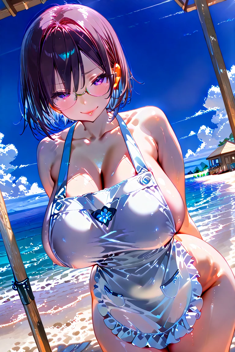 (masterpiece, Highest quality, Anime screenshots:1.5, High resolution, 8K, Realistic), 1 female, Mature Woman, 前hair, brown_hair, length_hair, Red eyes, lipstick, Compensate, blush, Huge breasts, Cleavage, White micro bikini, Raise your arms back, Upper Body, (perfection解剖学, perfection, Shiny skin, beautiful hair, Beautiful Face, Beautiful Eyes, Beautiful breasts), (Thick outline, Black outline), sunlight, Beach,,((Browsing Caution))