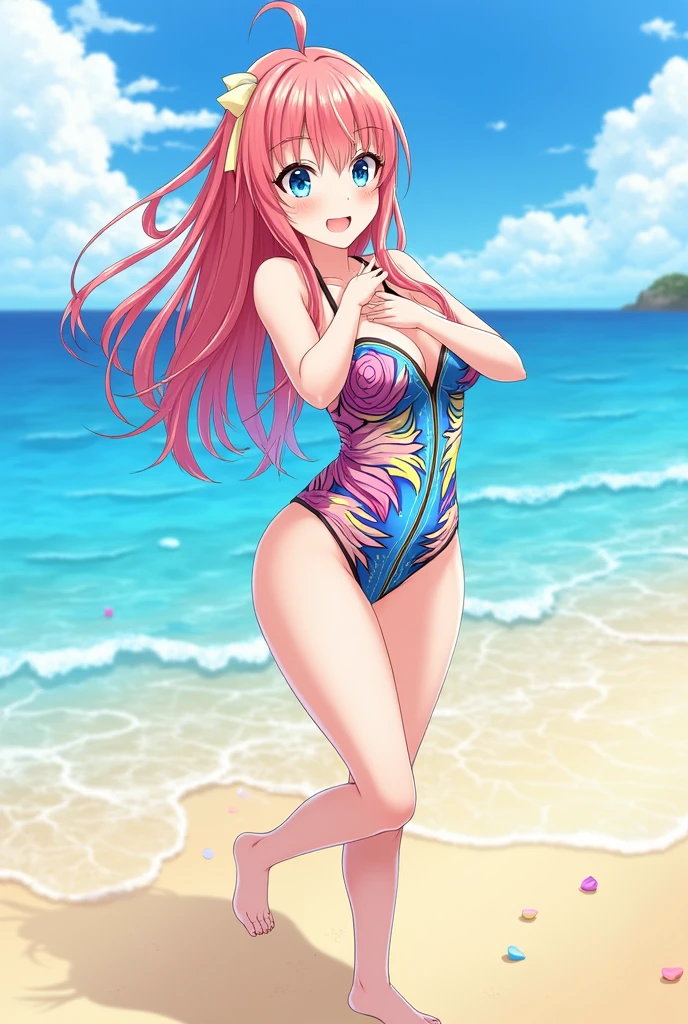 twintail, slim legs, beautiful eyes, blue eyes, happy, pink hair, long hair, side tie bikini, beach