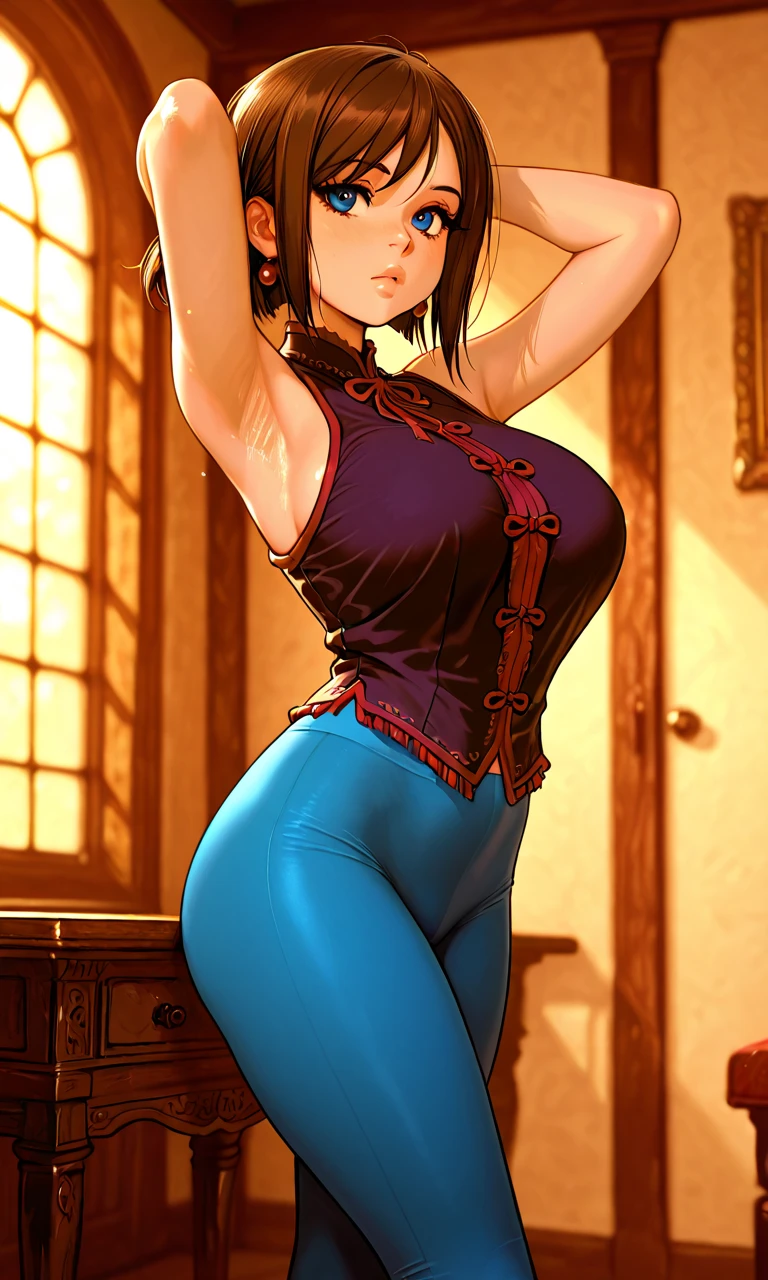 masterpiece, highest quality, best quality, official art, beautiful and aesthetic: 1.2), (1girl), extremely detailed, (fractal art: 1.3), colorful, highest detailed, perfect face, upper body, HDR, (prayer: 1.3), (dynamic stripes, luminous traces: 1.2), bright colors, dororo, standing, breast focus, breasts, large breasts, bare breasts, naked, nude, boob window, sexy, wide hips, thicc figure, Detailed blue eyes, Detailed face, Detailed eyes, perfect face, perfect eyes, wearing blue jumpsuit, jumpsuit, blue jumpsuit, breast window, naked breasts, smug, smug grin, smug expression, fangs
