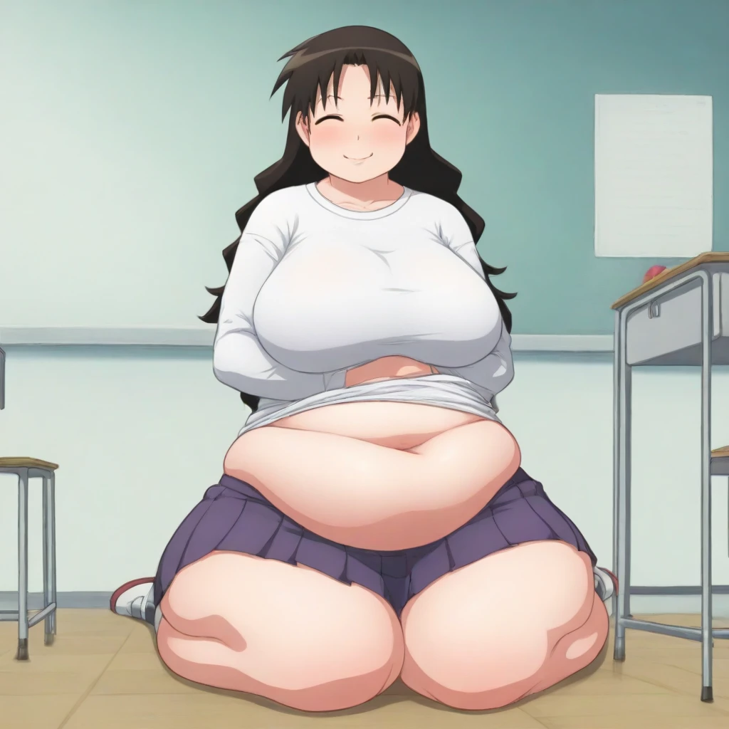 (masterpiece, best quality), 1girls, big belly, blurry background, huge belly, art by kipteitei, round belly, chubby, curvy, white button-up shirt, skirt, thighhighs, simple_background, gradient_background, belly bursting out of shirt, belly grab, enormous belly, fat belly, thicc, bigger belly, sitting on chair, really big belly, jiggly belly, shirt covering belly, belly cover by shirt