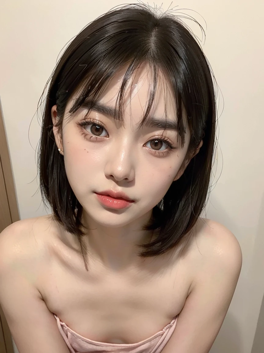 ((of the highest quality, 8K, masutepiece: 1.3)), Crisp focus: 1.2, ((cute little))、Beautiful woman with perfect figure: 1.4, Slender Abs: 1.2, The corners of the mouth rise、Farbe々Hairstyle、((well-groomed bangs, Big: 1.2)), (blanche,bra very 、pantiy, Hard Standing : 1.1), Highly detailed face and skin texture, Detailed eyes, Double eyelids, Hotel, Bed sit、sit on a bed、hair arrange:1.4、Slender eyes、
