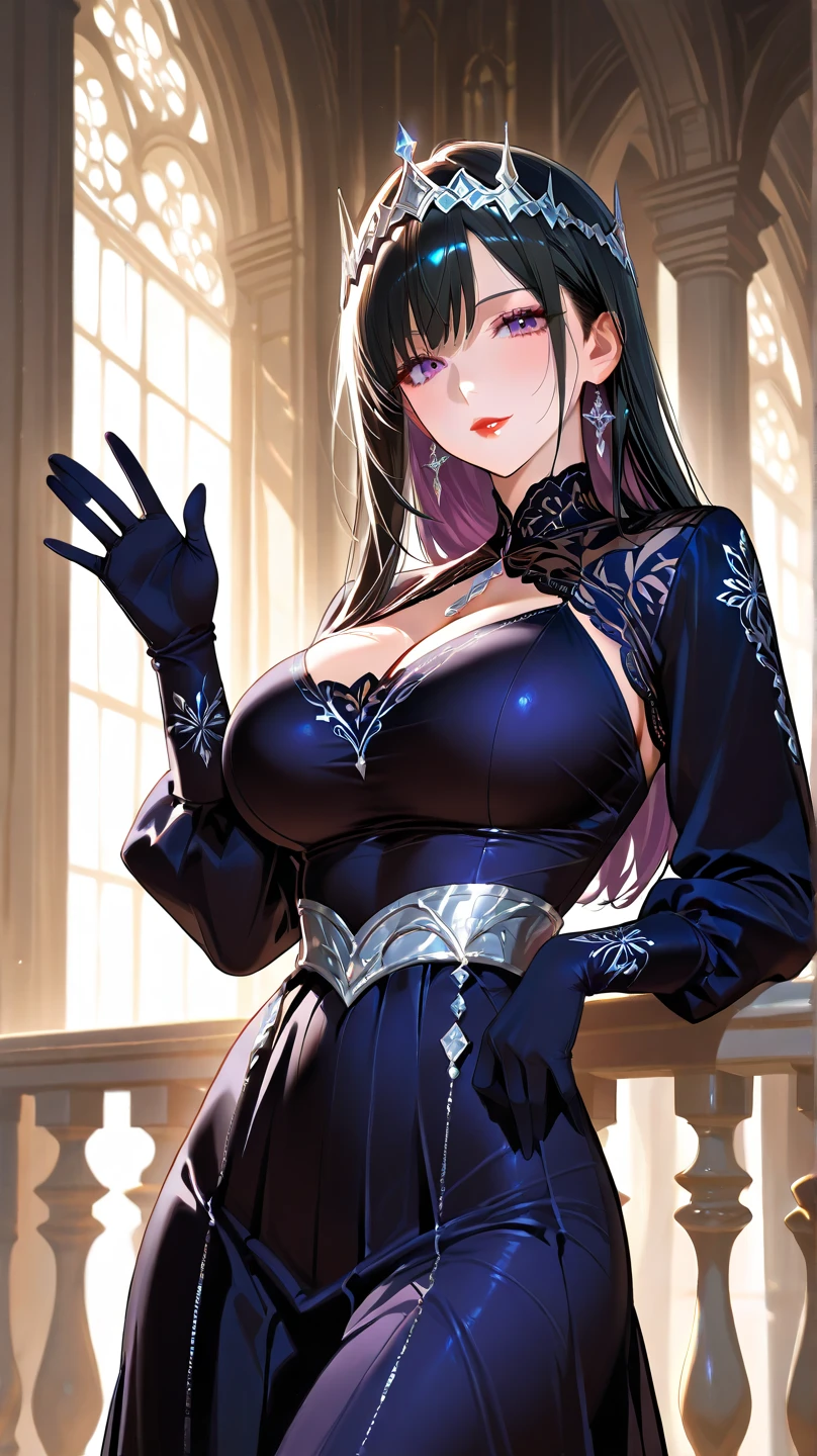 A woman with big ,Black velvet evening gown,Floor-length skirt,Deep V neckline。The evening gown is embroidered with delicate red roses,Flowers vary in size,Extends from waist to hem。Roses embroidered in gold thread,Rich in details,Lifelike。Background is indoor banquet,Soft light shines on the dress,Creates an elegant shadow effect。Tall figure,Long hair shawl,Smiling,The overall creates a noble and romantic atmosphere。