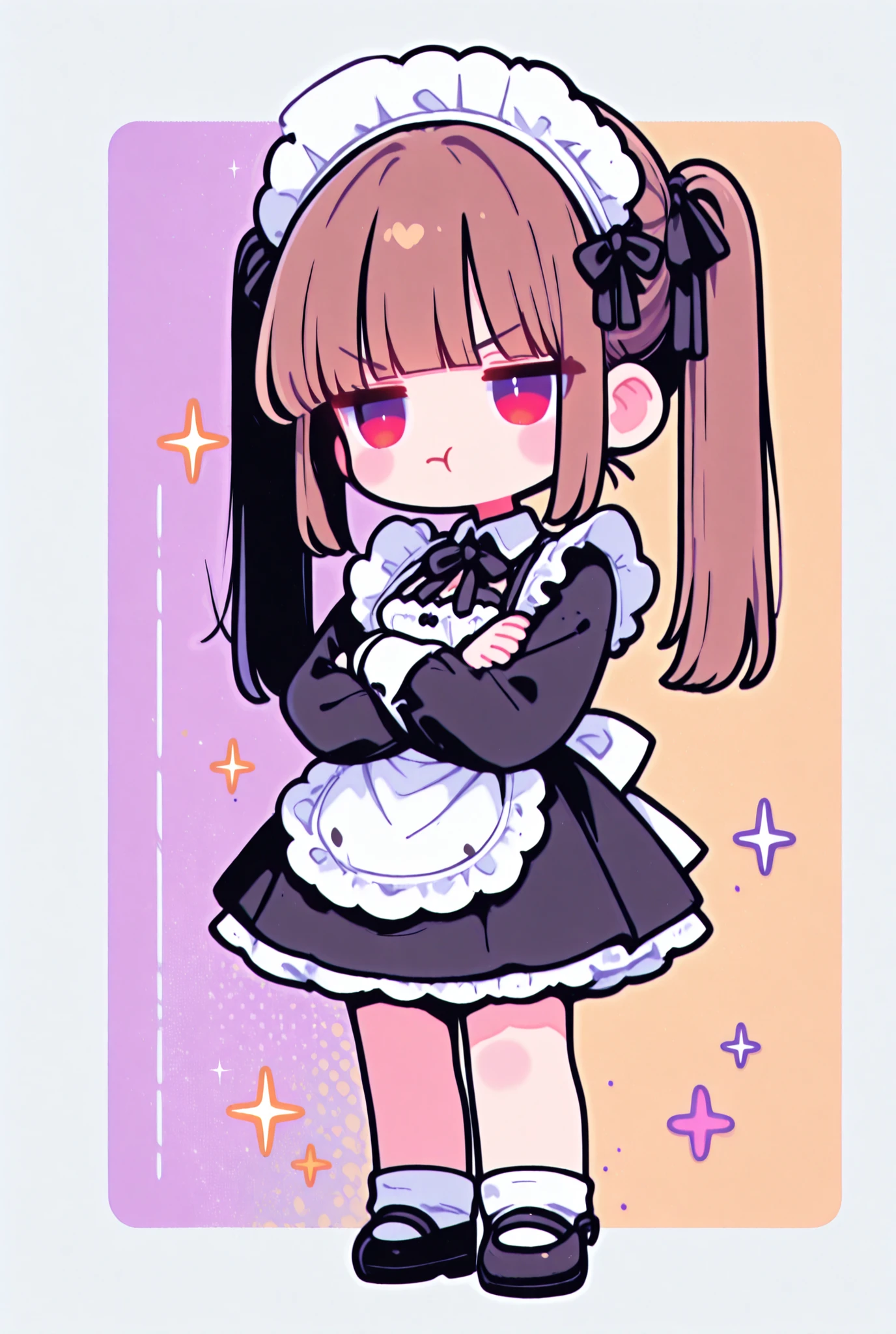 1girl, (chibi:0.7), Jitome, kawaii, sparkle, maid \(beautiful maid uniform\), naughty, angry, standing, bangs, black eyeliner, blunt bangs, pouting, cowboy shot, red eyes, hairband, long hair, brown hair, maid uniform, arms crossed, pigtails
(White Border colors background:1.2)::0.2], (halftone background:1),
masterpiece, best quality, amazing quality, very aesthetic, absurdres, highres, newest, intricate details, high contrast, full body,  