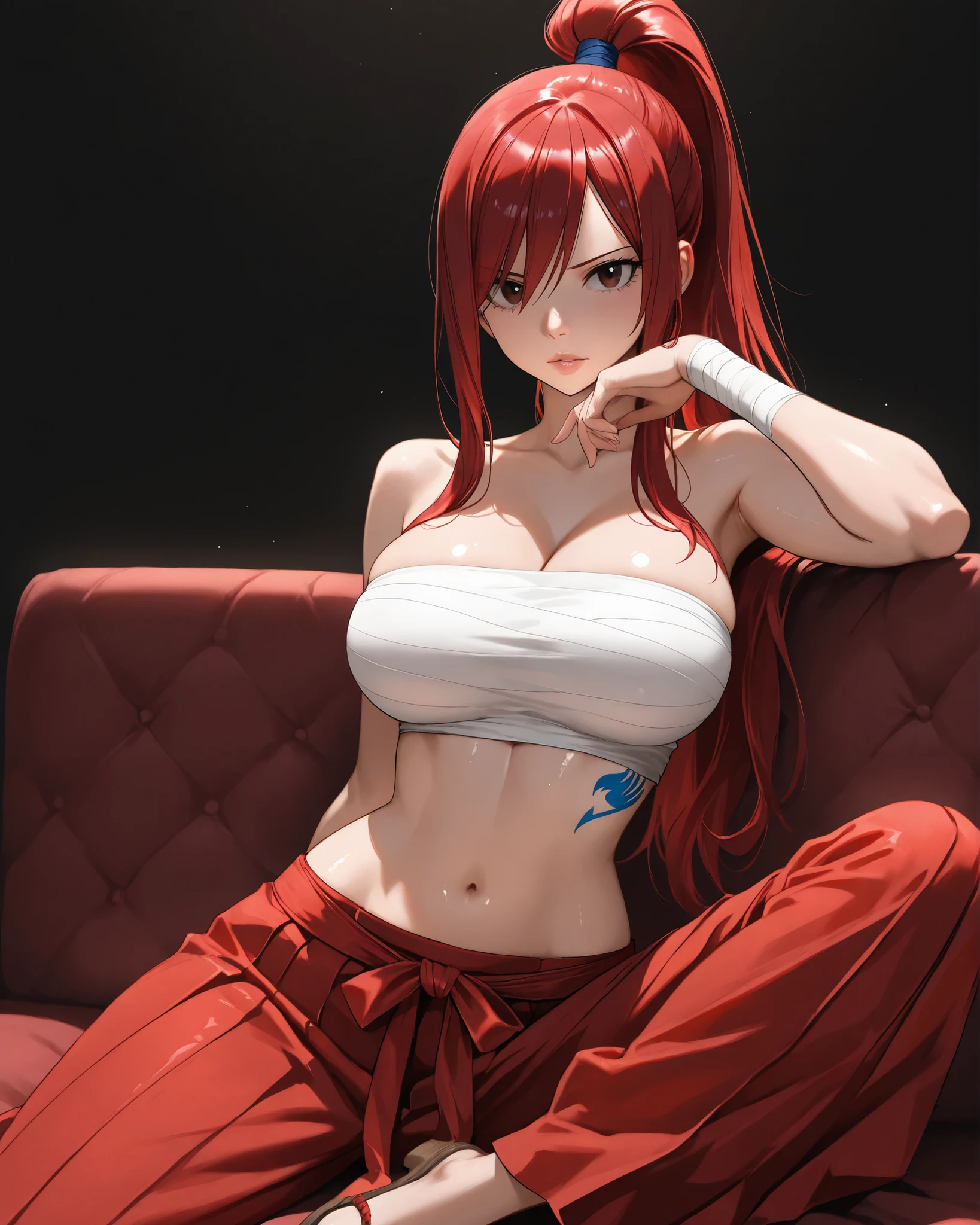 (high quality,Very detailed:1.37, High resolution), Woman, Erza, red hair, navel, flame pants, collarbone, bare shoulders, cleavage, hair over one eye, large breasts, long hair, bandages, chest sarashi, white ribbon, beach, full body, looking at viewer, brown eyes, ponytail, masterpiece, best quality, (wetting herself:2.0), embarrassed, humiliation, sweating, blushing