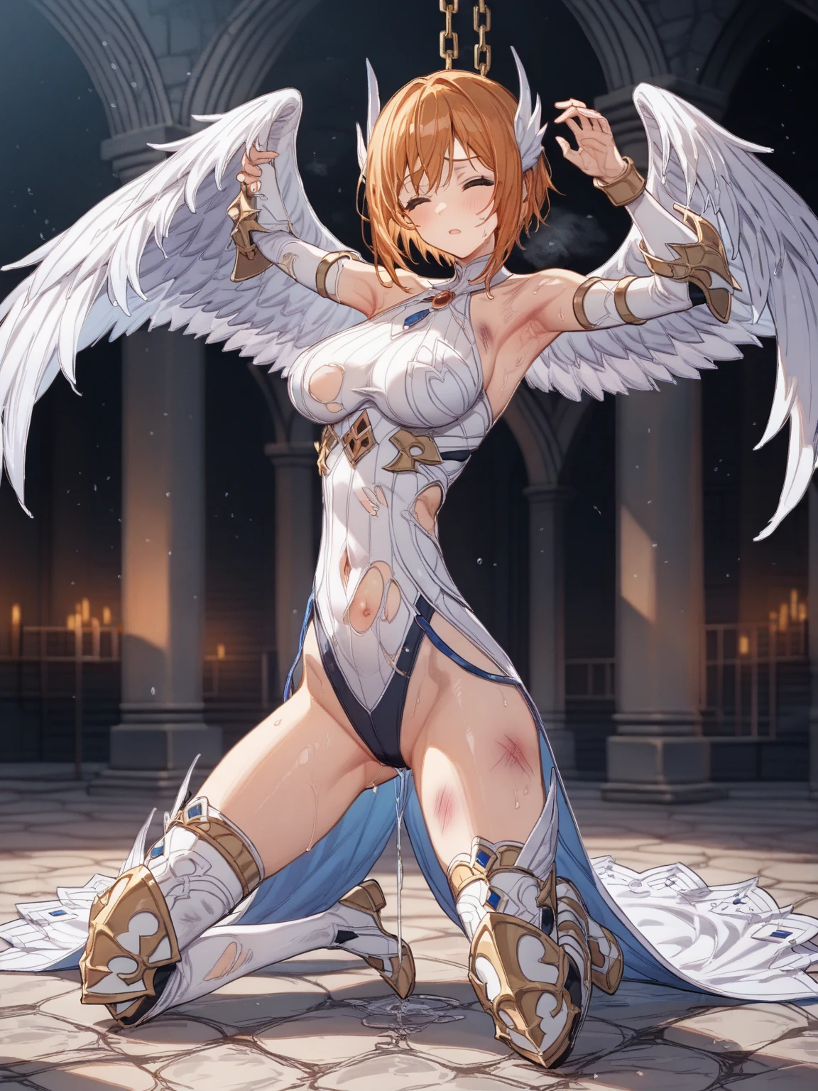 Masterpiece, Hoshizora rin, hair ornament,a beautiful urban female model, white transparent clothes standing under empty night stars, disappearing transparent pants,  standing, facial details, detailed body part details, 8k wallpaper, (skin tight), angelic wings, crying,a smile, glowing eyes, curvy waist