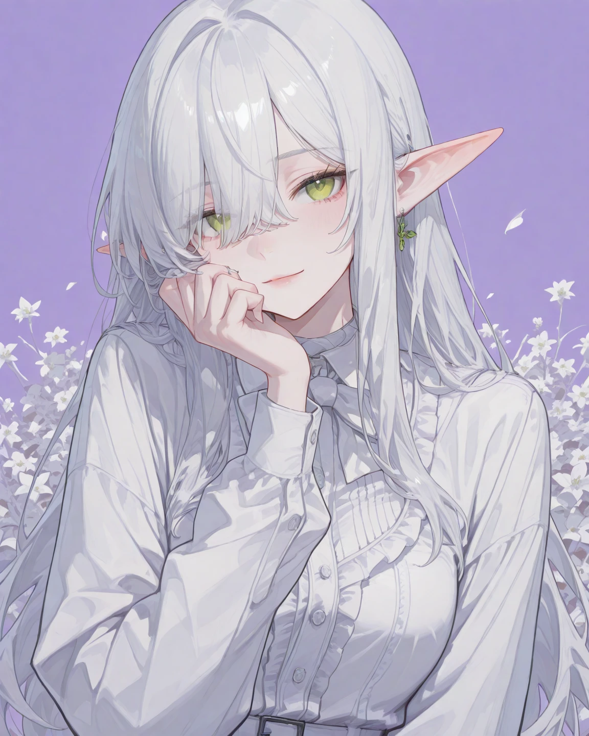 A young elf girl, 8 years old, with medium-length silver hair, silver eyes, and large angel wings on her back, with her mouth wide open, wearing a large black T-shirt, and wearing no bottoms. be