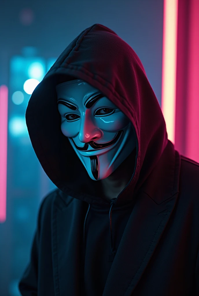 (best quality,4k,8k,highres,masterpiece:1.2),ultra-detailed,(realistic,photorealistic,photo-realistic:1.37),dark art,darkweb,evil hacker,anonymous mask,darkness,obscure,medium:oil painting,gritty textures,cyberpunk vibes,moody atmosphere,cybernetic enhancements,lurking shadows,dark alleyways,glowing neon lights,computer codes,ominous figures,secrecy and mystery,subtle hints of danger,digital glitch effects,haunting presence,haunted by past actions,cloaked in darkness,mind games,The art style should be a blend of dark and surreal elements, with a focus on capturing the essence of an evil hacker operating in the darkweb. The image should have a high level of detail and realism, portraying the character wearing an anonymous mask that conceals their identity. The use of dark and obscure elements will create an atmosphere of suspense and mystery. The lighting should be dim and moody, with shadows adding depth to the scene. The scene should be set in a dark alleyway, with glowing neon lights adding a cyberpunk touch. The hacker should be surrounded by computer codes, symbolizing their expertise in hacking. The art should also incorporate subtle glitch effects, representing the digital world they navigate. Overall, the image should evoke a sense of danger and secrecy, with the viewer feeling the presence of the evil hacker lurking in the shadows.