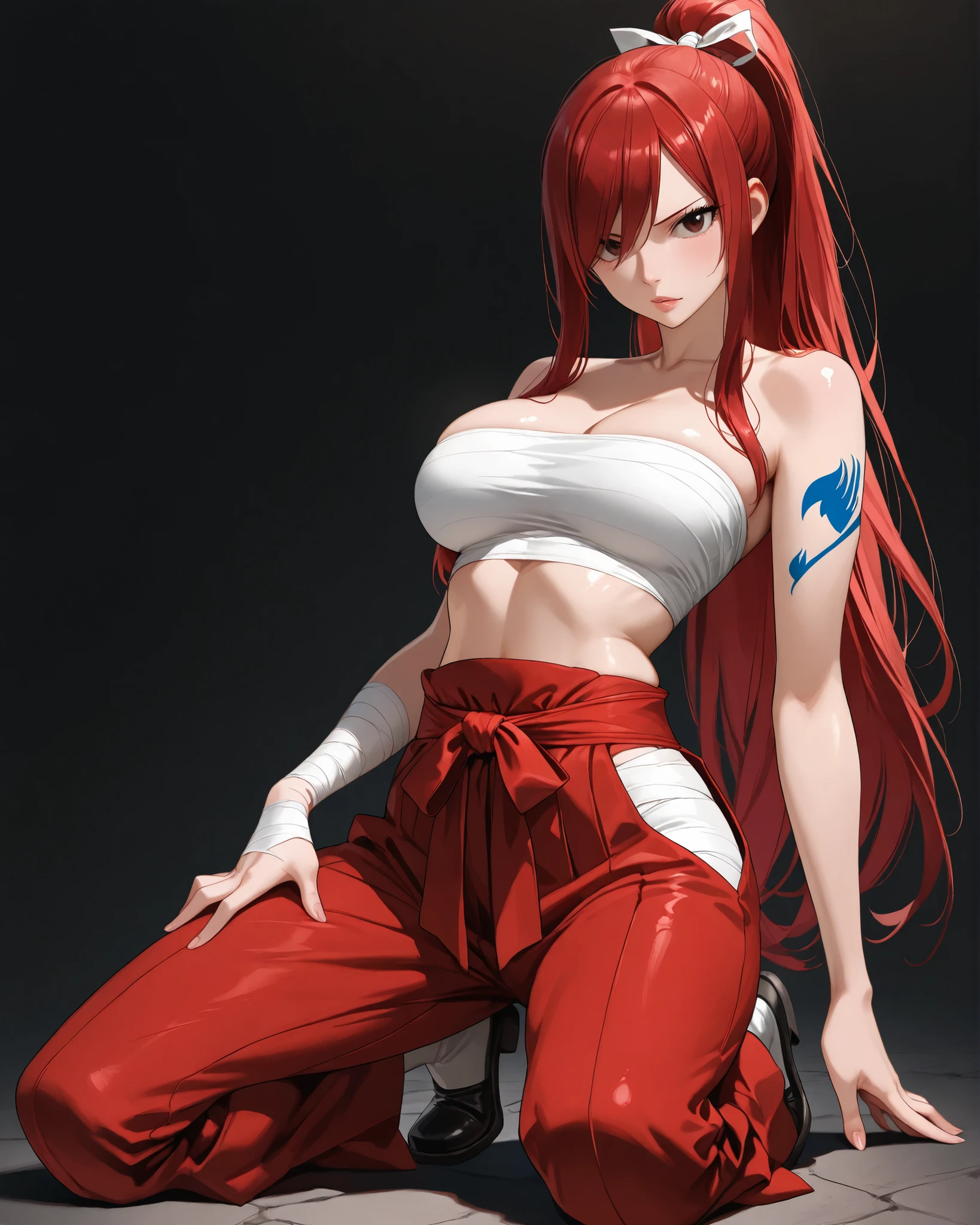 1girl, highres, sharp focus, pixiv masterpiece, ((intricate details)), highly detailed, one eye, detailed eyes, fair skin, scarlet colored hair, Erza scarlet,costume: sportswear, leggings, sports bra, joy ride style, ilya kuvshinov,Anime Moe Artstyle, Female anime character, Anime character,