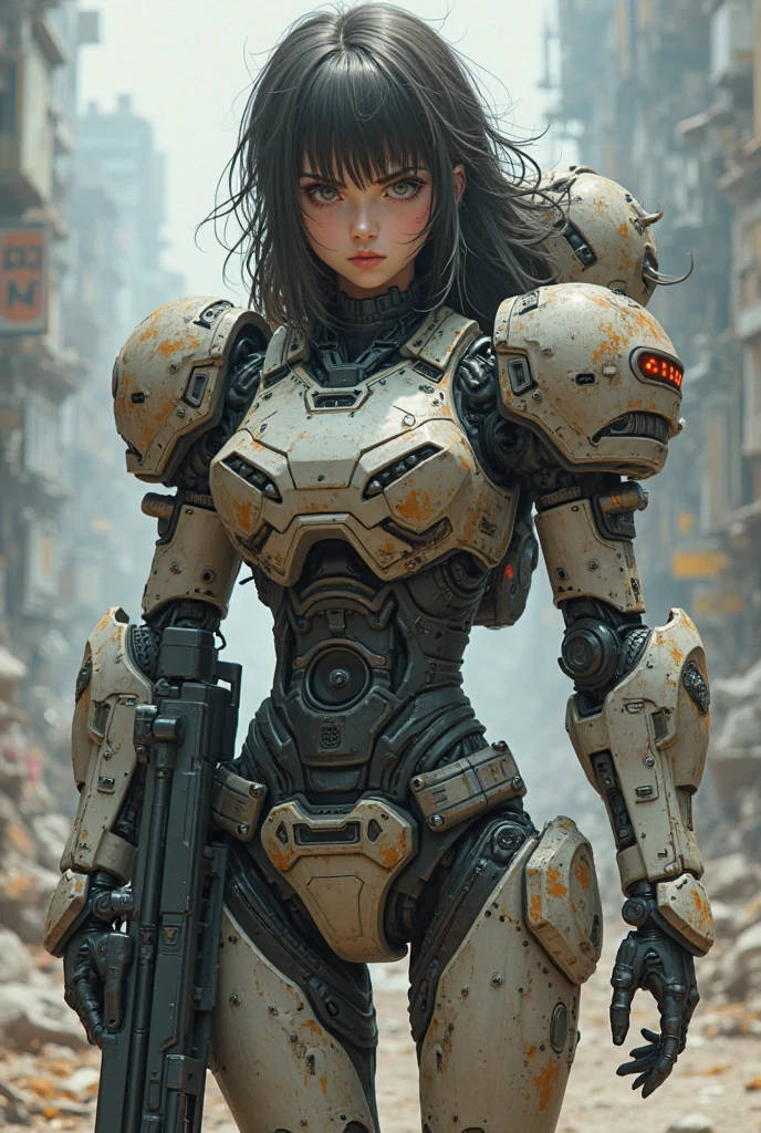 Portrait photo of an alpha woman, perfect eyes, wearing a shabby mech suit, complex, (steel metal [rust]), elegant, sharp focus, photo of Greg Rutkovsky, soft lighting, bright colors, masterpiece, ((street)), cowboy shot, dynamic pose,