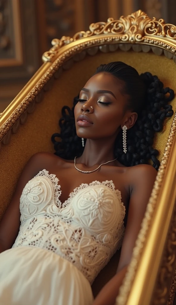 Girl, African American, but with long curly hair, exotic beauty, charismatic, sophisticated beauty, slender figure, C-cup breasts, naked in transparent lingerie, dressed in Gothic style, lying on a bed in a room of a Victorian castle, Victorian style, gothic, exquisite erotica , masterpiece, cinema, cinematic quality, art painting, 8k, cinematic quality