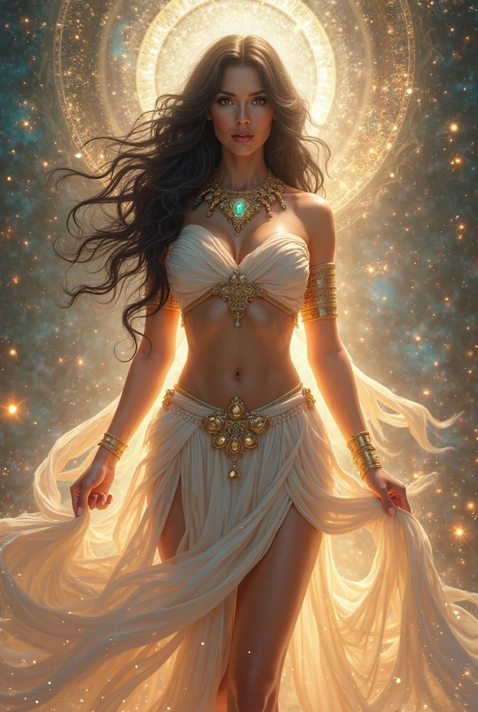 Goddess with crown, dark brown hair, dark brown eyes, White skin, Voluminous bust and rear, with golden and purple aura, with a dress, with crystals, full body and happy 
