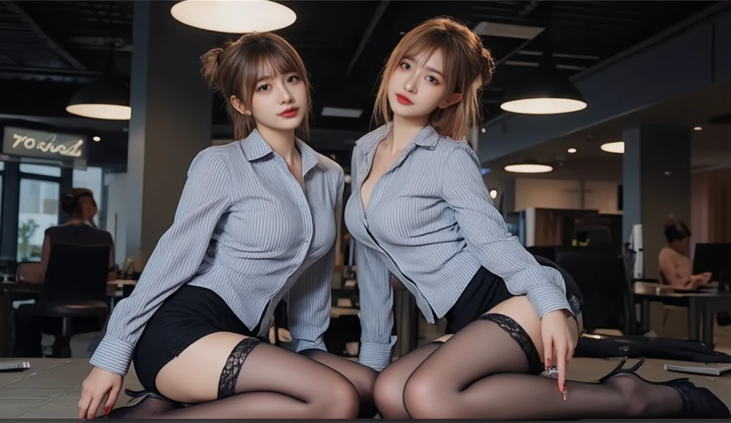 (8k, RAW photo, photorealistic:1.25) ,( lipgloss, eyelashes, gloss-face, glossy skin, best quality, ultra highres, depth of field, chromatic aberration, caustics, Broad lighting, natural shading,Kpop idol) looking at viewer with a serene and goddess-like happiness,knee boots,short skirt,blazer suit
