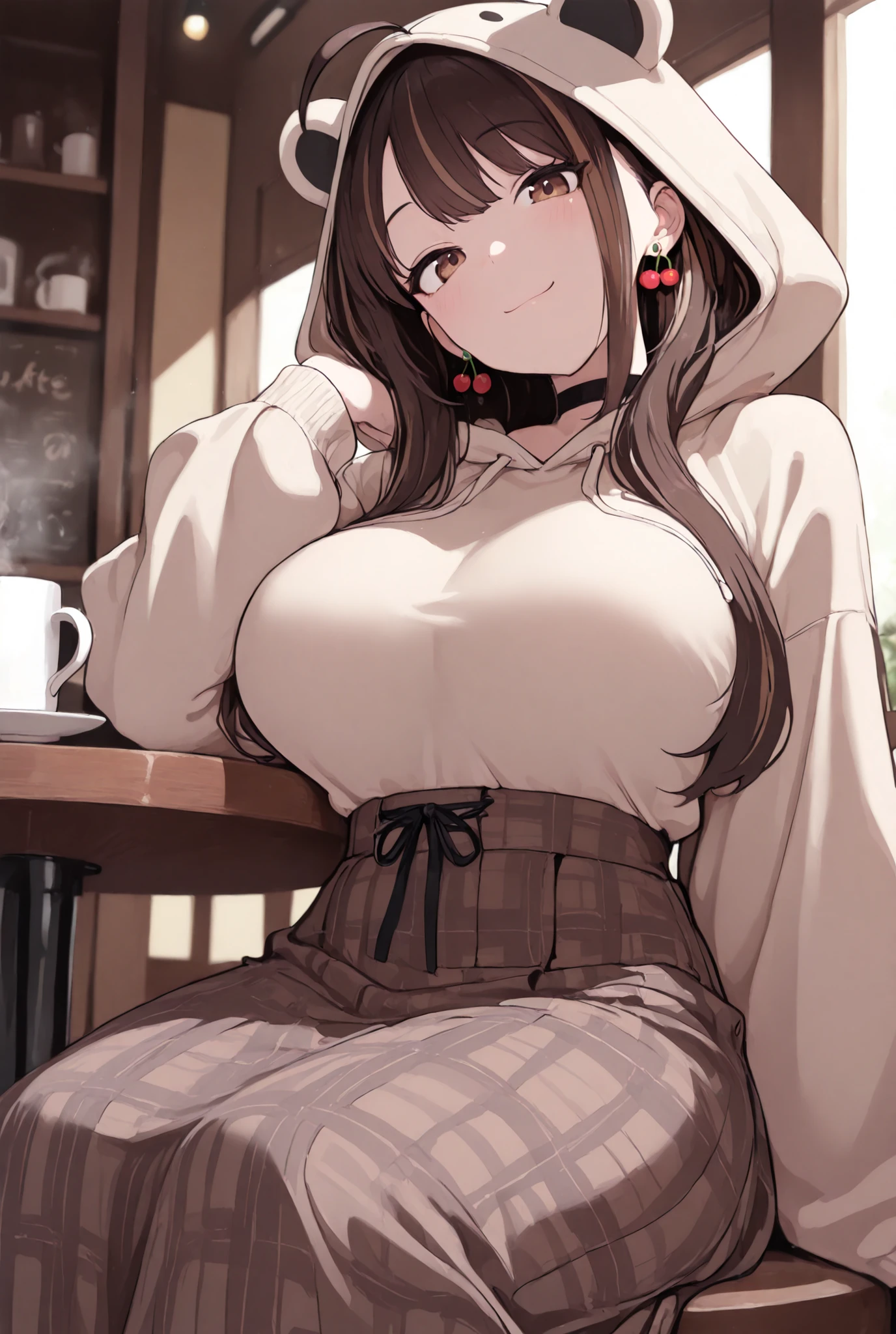 1 girl, Autumn leaves, hits, black hats, blurred background, blush, Ojos Cafés, Brown hair, brown scarf, brown Skirt, cardigan, Café, cowboy shot, cup, disposable cup, to drink, Leaves falling, cap, tenure, tenure to drink, move, wide, long sleeves, looking at the viewer, open cardigan, Open mouth, tartan, tartan Skirt, puffy long sleeves, red sweater, scarf, shirt, shirt tucked in, Side locks, Skirt, SMILE, Alone, sweater, white shirt, extremely detailed, intricate, Masterpiece, absurdities, huge tits, lingerie , camel toe