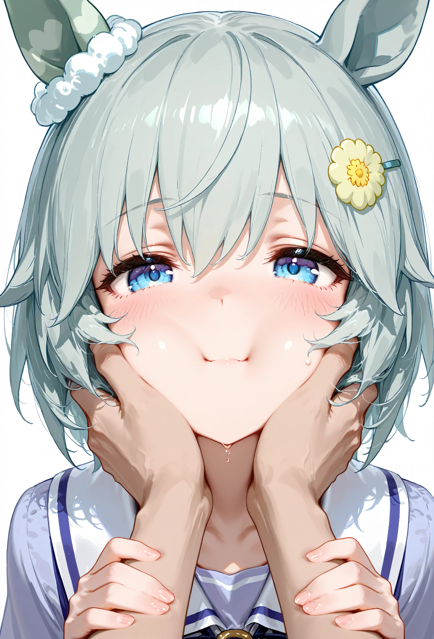 anime, High resolution, Soft Light, ((highest quality)), ((masterpiece)), (detailed), Againm_\(Again_zero\), Hair on one eye, Half-closed eyes, Put your finger over your mouth, Open your mouth, blush, Sticking out tongue, garden, Mansion, blue flower,