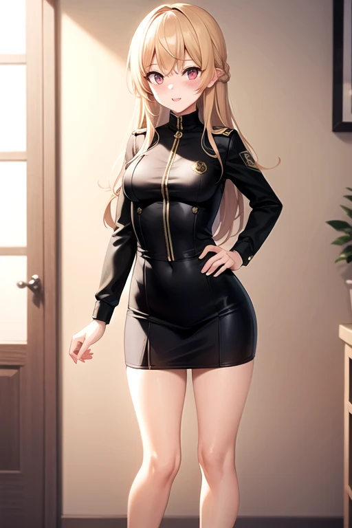 A girl posing for a photo, ((One Girl)), (((Baby Face:1.7)) + ((cute:1.5)) +  (())), 
break 

#Clothing Accessories 
((Black leather dress:1.5) : ((Shiny:1.4)) + ((Pencil Skirt)) + (High neck sleeveless) + ((Tight fit)) + ((Elbow Gloves))), (((Black knee-high stockings:1.2) : (Sheer) + (Sheer) + (Low denier:1.5) + (The skin is transparent:1.5))), (Glossy black high heels), 
(Gold Hoop Earrings), 
break 

#Features 
((Blonde:1.2)) + ((Very long side bangs:1.4)) + ((Long Hair) : Long Hair + Curly Hair:1.4 + Wild Hair + Voluminous Hair + Bedhead:1.5), 
((drooping eyes:1.4, Big eyes:1.2), blue eyes), (Small breasts), (中立的な顔のFeatures), (White skin:1.4),  
((sensuous:1.8)), ((Sensational:1.8)), 
break 

#background environment 
((noon, Sunlit reception room, Western-style building)), 
#Facial Expression Pose
((blush:1.4, Open your mouth:1.4, Wicked Smile)), ((Standard standing pose with arms naturally hanging down at sides)),  
#composition 
((To the camera), (Angle from below), (Character Focus), (Cowboy Shot)), 
break 

#Body parts elements 
(Slim figure), 
(Symmetrical facial features), 
(Detailed Hair, Shiny Hair, Beautiful Hair, Shiny Hair), 
(double eyelid, Long eyelashes, Thin eyebrows:0.5, Thin eyebrows:0.5), 
(Expression of fine eyes, Beautiful and delicate eyes, Detailed eyes, Sparkling eyes, Glitter Eyeliner), 
(Human Ear), 
(Beautiful Nose, Thin Nose), 
(Glossy Lips, Beautiful Lips, Thick lips), 
(Detailed skin, Glowing Skin, Beautiful Skin, Oily skin), 
break 

#quality 
(((最高quality)), ((masterpiece:1.3)), ((Very detailed:1.3))), ((Ultra-high resolution)), ((16K)), ((1080P)), ((Full HD)), 
((Anatomically correct)), ((Realistic)), (3DCG), ((Oil painting)), ((Photorealistic:1.3)), 
((comics, anime)), (CG illustration), (RAW Photos), ((Line art)), 
