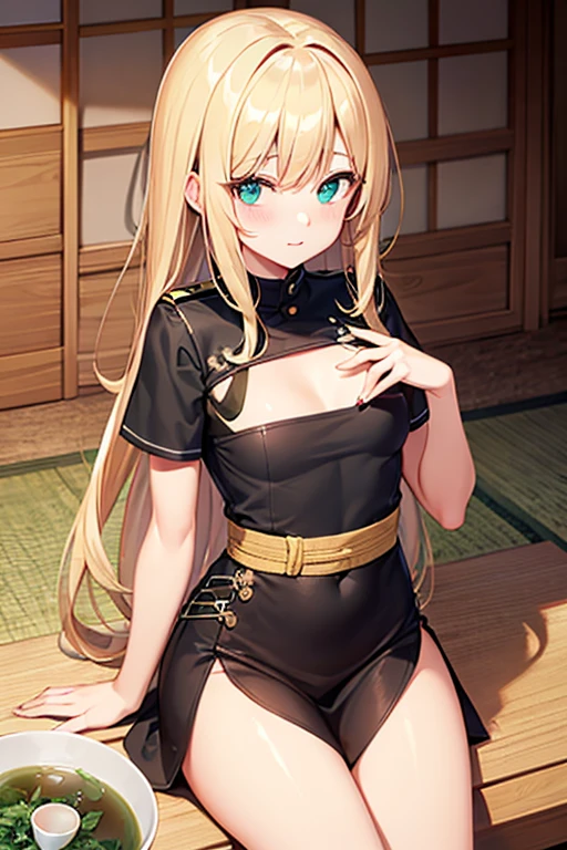 (Masterpiece: 1.3), (Best Quality: 1.2), close-up of one beautiful girl, super hyper-detailed illustration,
BREAK
(Body type: slender, small breasts, naturally charismatic)
BREAK
(Face: outstanding looks, mature beauty, emerald green eyes)
BREAK
(Hairstyle: ponytail, long smooth hair with a side part, ends around her chest, layers around her face, bangs long enough to slightly cover the eyes, blonde hair)
BREAK
(Fashion: vintage long-sleeved bodycon dress with subtle floral patterns, knee-length, less revealing)
BREAK
(Pose: bending forward slightly, arms crossed behind her back, warm and inviting smile, silky hair)
BREAK
(Background: cozy room with wooden accents and soft green tones, traditional Japanese 7 tatami mat room with a natural interior, including a cosmetic table, bed, futon, cushion, chair, decorative accessories, and curtains)