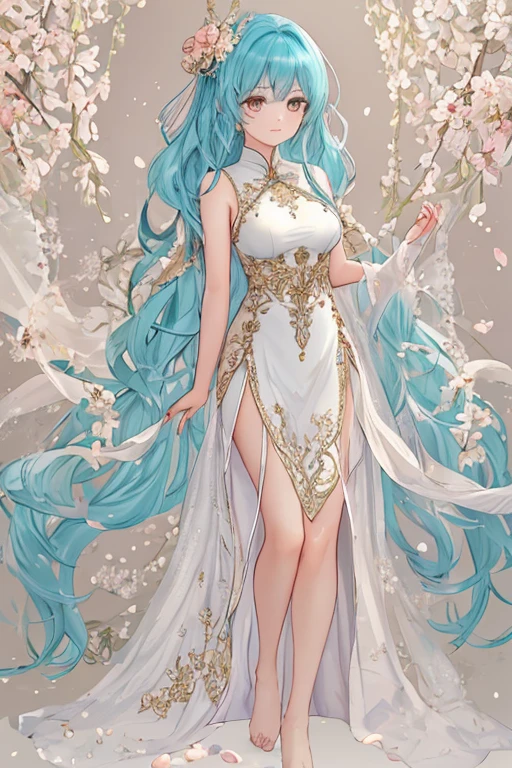 Goddess ((goddess-like woman)), slim, elegant silhouette, masterpiece, best quality, pale skin, fair skin, sweet face, (masterpiece: 1.2, best quality), (real image, intricate details), (1 lady, solo, medium tits, small waist, ), ((Jinx/LOL)), beautiful face, kissable lips, long mint green hair, slicked back hair, (long mint green hair), mint green hair, LONG HAIR ( long mint green hair reaching to the waist), perfect makeup, realistic face, long hair, blindfold, mouth slightly open, she has an impressive presence., bracelet, hoop earrings, jewelry, beautiful face, beautiful eyes, fullbody view, she is wearing a blindfold, white ribbon, choker, necklace, white dress, cleavage, forearms and armored boots sweet irresistible smile, elegant pose, elegant hands, beautiful hands, perfect fingers, background: sky, Japanese garden cherry trees, cherry blossoms, blue Sky,