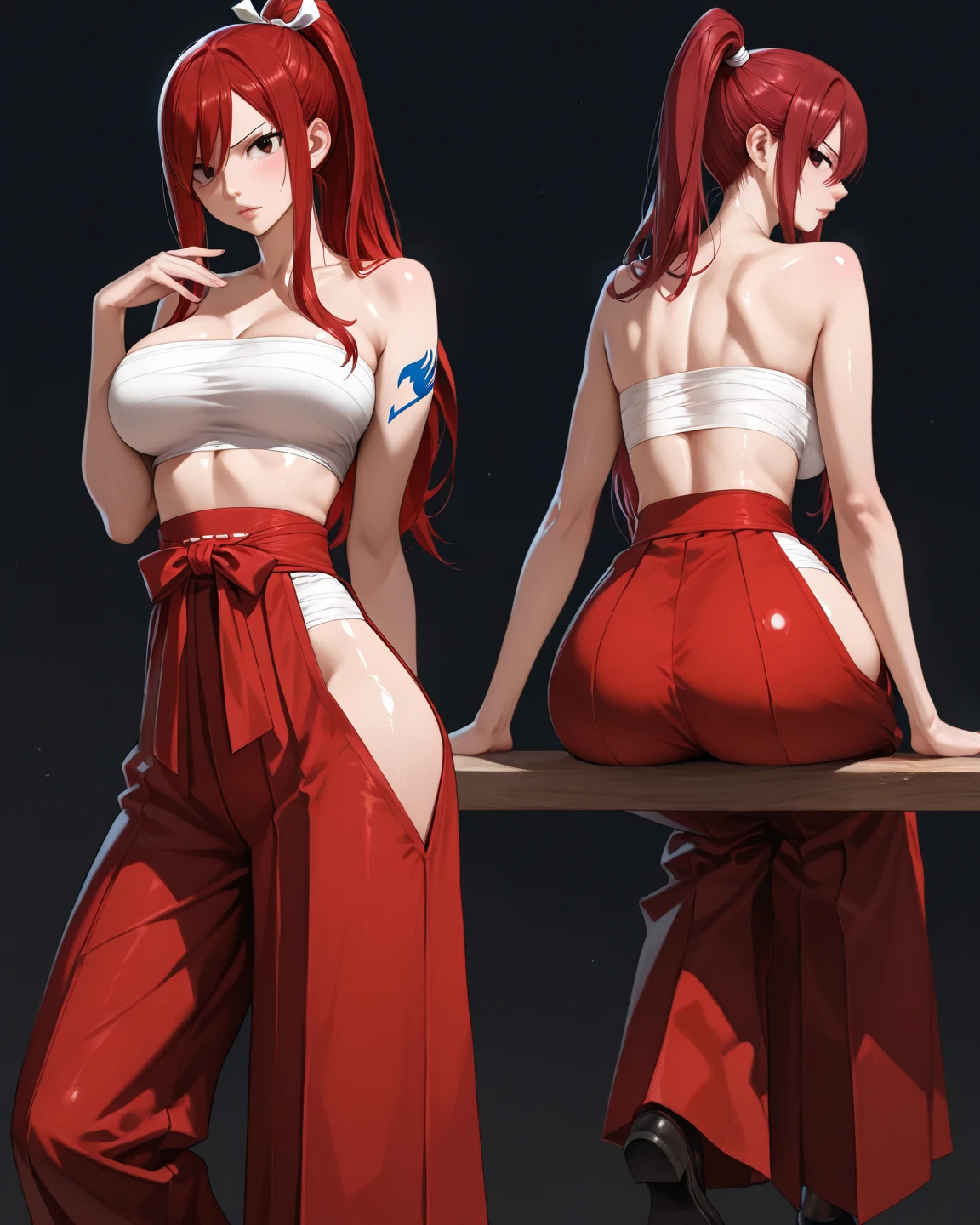 Masterpiece, best quality, solo ,big breasts, nishikino maki, purple eyes, crop top, halter neck, underboobs,red oversize harem pants,earrings , standing,cowboy shot, exposed crotch,bare hips