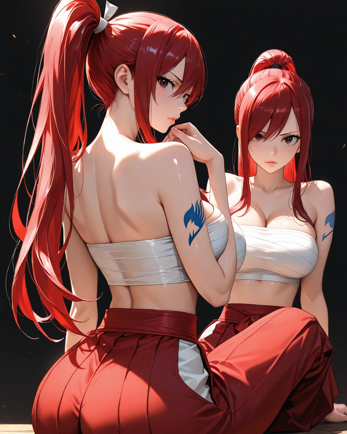 (((depic young girll))), (((top-quality, masterpiece))), 4k, HD, one girl, long hair, red hair, straight hair, poney tail, nice hips, (Masterpiece, Excellent, complex details), delicate girl, delicate face, sassy, white ribbons, one eye hide by hair, brown eyes, clavicle, (((breasts sarashi))), bandage, bare arms, diaphragme, (((red pants))), standing, ((holding katana sword in hand)), outside, atmosphere of feudal Japan