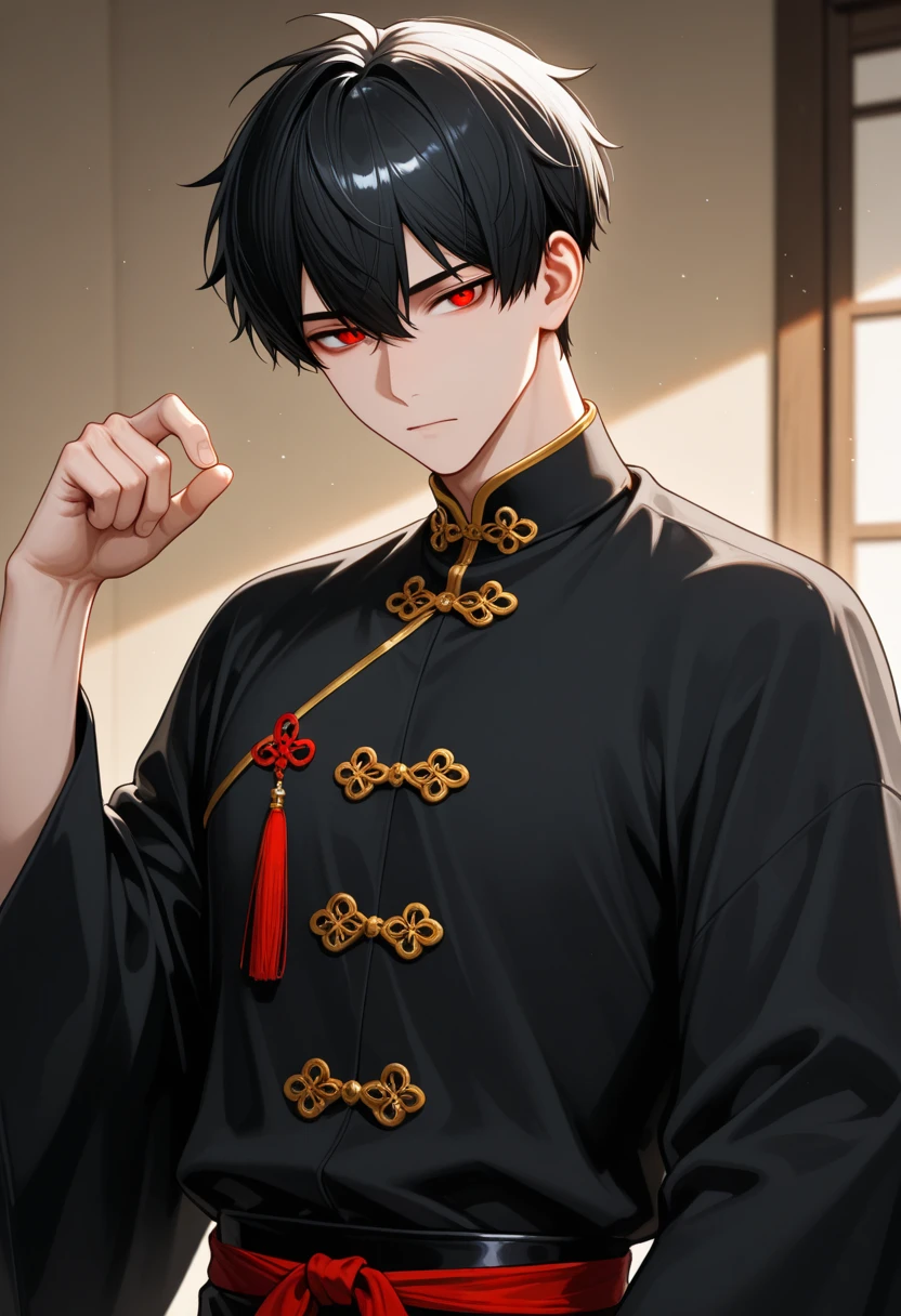 boy, red eyes, black curry 6hair. sadistic, t shirt. he so arrogant. handsome man. very short hair. like a man. gentleman. like a prince, background in mansion, kind smiling. he is vampire noble.