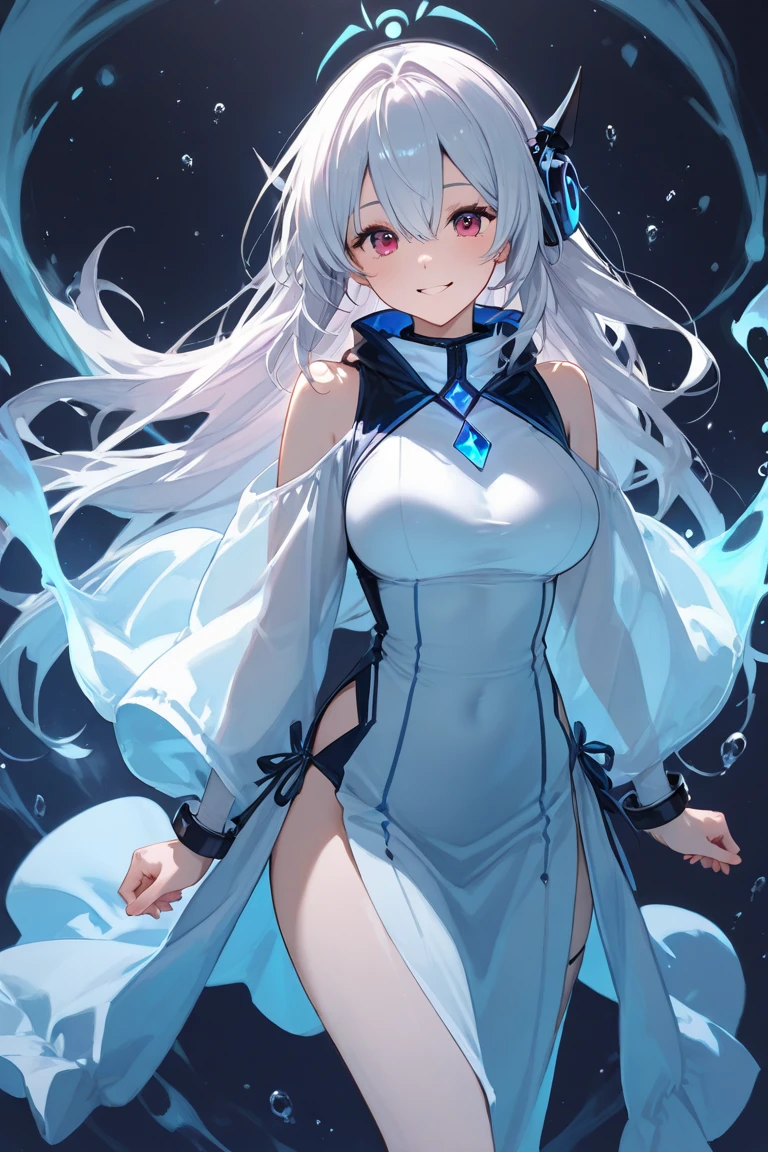 1mature girl, light blue hair, sharp ice-blue eyes, wears white dress with medium boobs, she is goddess of ice , make it like tarot anime-style but no frame