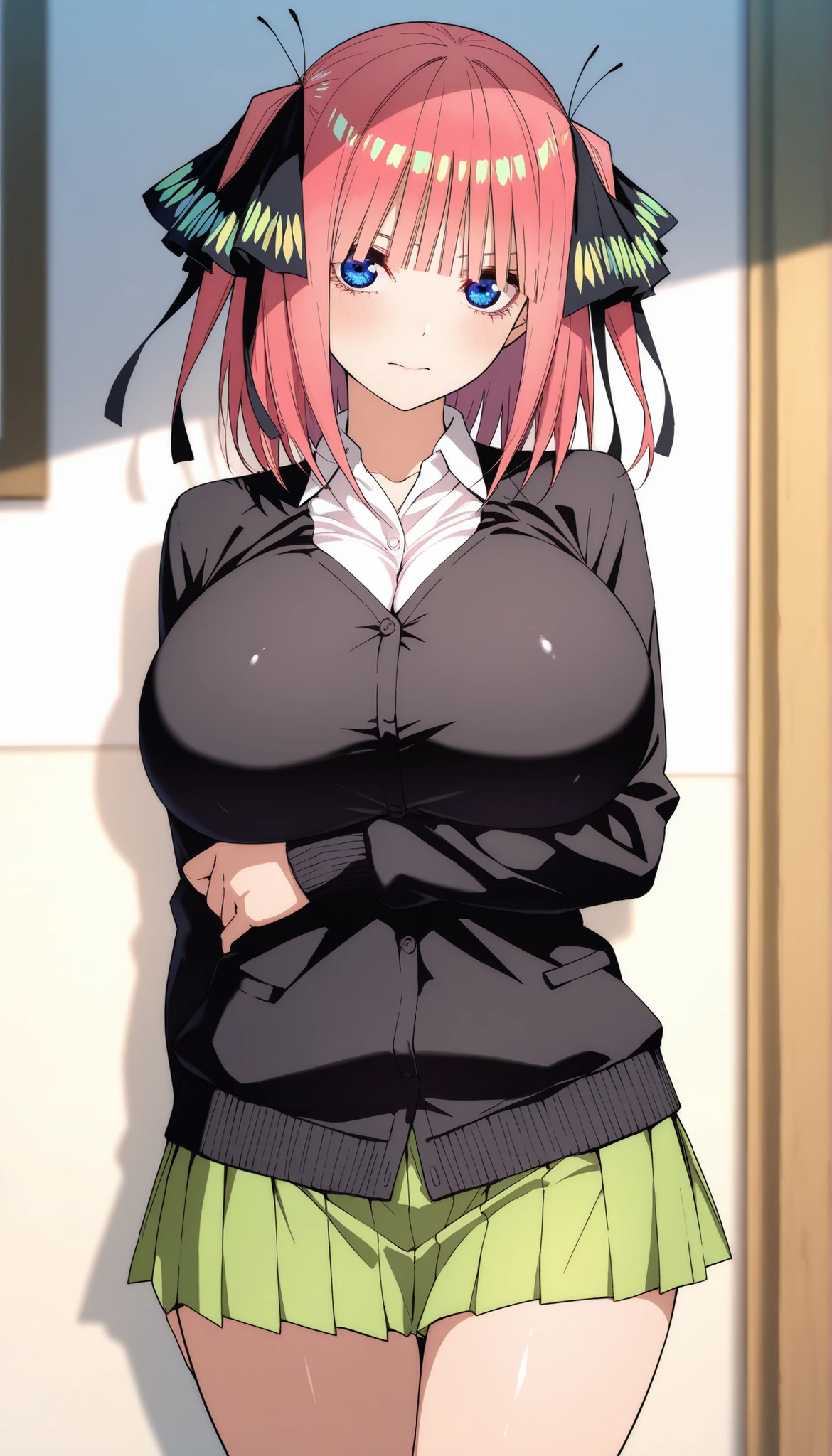 masutepiece, Best Quality, hight resolution, Nakano Nino, 1girl in, Solo, Pink hair, Short hair, busty, butterfly hair ornament, Large breasts, cleavage, Looking at Viewer, Grinning, sprawl，爆乳,5-Fingers,Wet clothes and wet clothes,Open legs, Green skirt, Black cardigan,White shirt, Collared shirt, Open your clothes, white thighhig, Short sleeves, skirt by the,While holding my chest with my hand,Sitting,erotic posing,pantiy