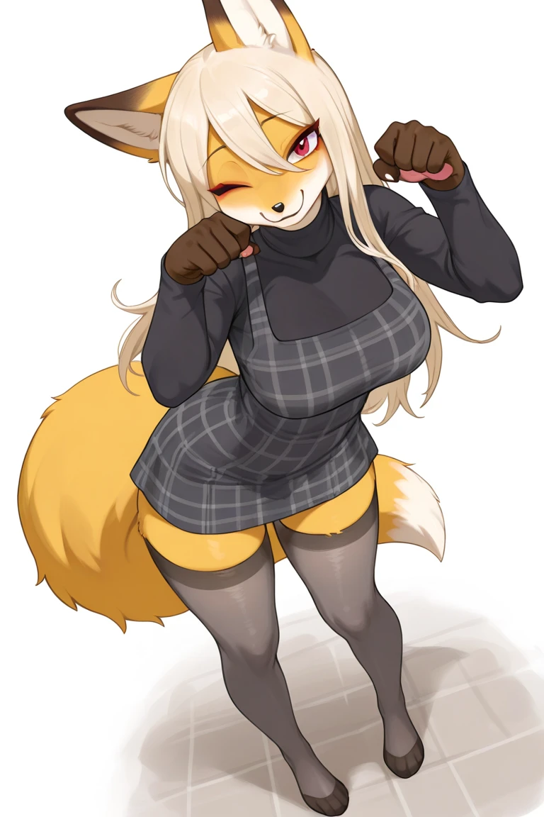 Solo, Score_9, score_8_up, score_7_up, kemono style, Kimiko, An Anthro furry fox girl, yellow furry body, yellow fox tail, , black nose, blonde hair, braided hair, wearing oversized virgin killer sweater, black thigh highs, peace sign, bending over, one foot up and in view, exposed toes, 4 toes, low angle shot, mouth open, laughing, rear view