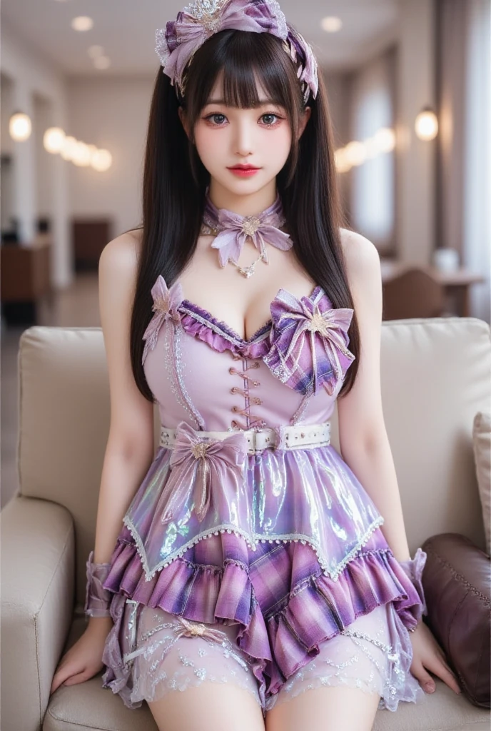 NSFW,silver hair,hair above one eye,pink eyes,((magical girl costume)),detached sleeves,beret,ribbon,Heart Pendant,earrings,(masterpiece,Highest image quality,best quality