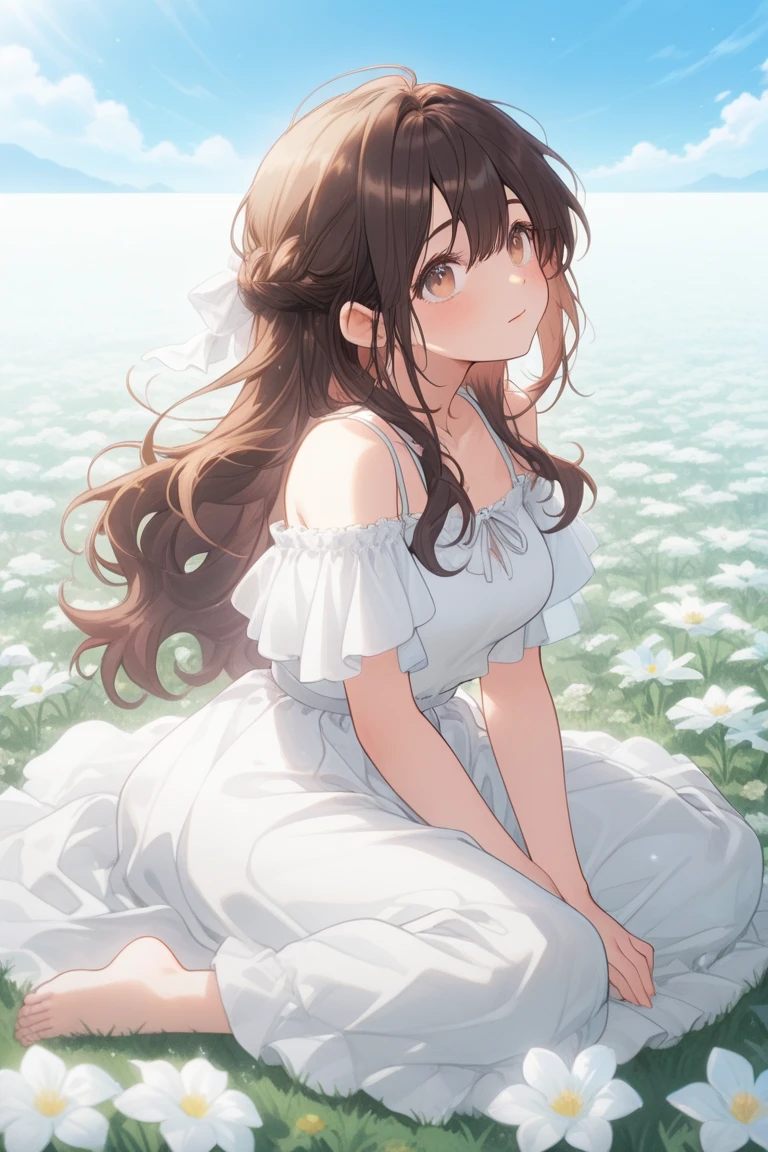 best quality, masterpiece, solo, 1 Female、Age 25、Larger breasts、(Cleavage)、(Slender figure)、sheer white dress、From the side、Poses that emphasize the chest、(White highlight in pupil:1.2)、Dark reddish brown eyes、(Black-haired:1.2)、(Medium Hair)、(View your viewers:1.2)、White skin、(blush)、(Embarrassed expression)、(I blur the background a lot to make the woman stand out.:1.3)、(The sunlight shines in)、(Beautiful flowers in the background)