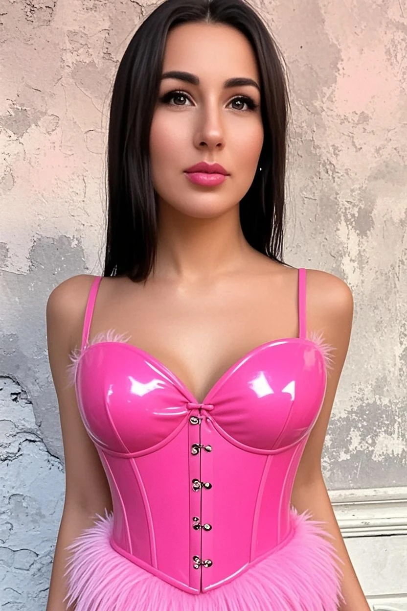 ultrarealistic high quality full body photo of a beautiful busty slim european 25-year-old woman with cute hyperdetailed shy face and natural dark brown ultra long hair and shy smile , realistic round hazel eyes, natural lips, dark eye makeup with eyeliner, wearing shiny pink latex lingerie with harness, hourglass body, outdoor photography