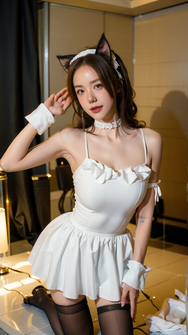((best quality)), ((masterpiece)), ((1girl)), solo, Ferry, ((long hair)), FerryBase, ((thighhighs)), bare shoulders, ((jewelry)), ((sleeveless)), white dress, pink skirt, white shoot from below, thighs exposed, red Lace gloves, cultivation tank with water.