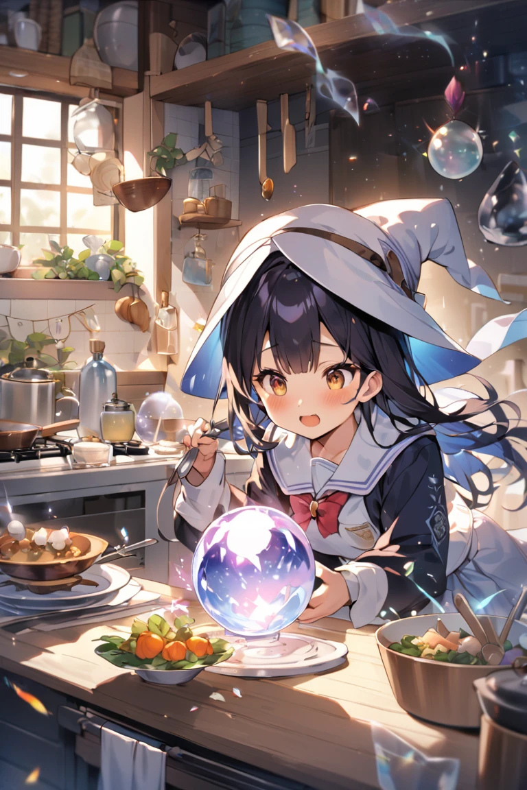 (fantasy:1.5),(anime,8k,masterpiece, top quality, best quality,beautiful and aesthetic:1.2,professional illustrasion:1.1,ultra detail:1.3,perfect lighting),extremely detailed,highest detailed,incredibly absurdres , highres, ultra detailed,intricate:1.6,(Alchemy Workshop:1.4),A girl mixing,Medicine in many small bottles,holding small potion,colorful:1.4,zentangle,(1girl),(girl),(Three kingdoms female warload),(highly detailed beautiful face and eyes,firm breasts),oily skin,((black,hair,short bob with short pony tail hair)),thin pubic hair,cute,lovely,34 years old,alchemist costume,Merchant's Clothing,smile,in the kitchen,smile,seductive weak smiling,(with sparkling eyes and a contagious smile),open mouth, Looking at Viewer, 