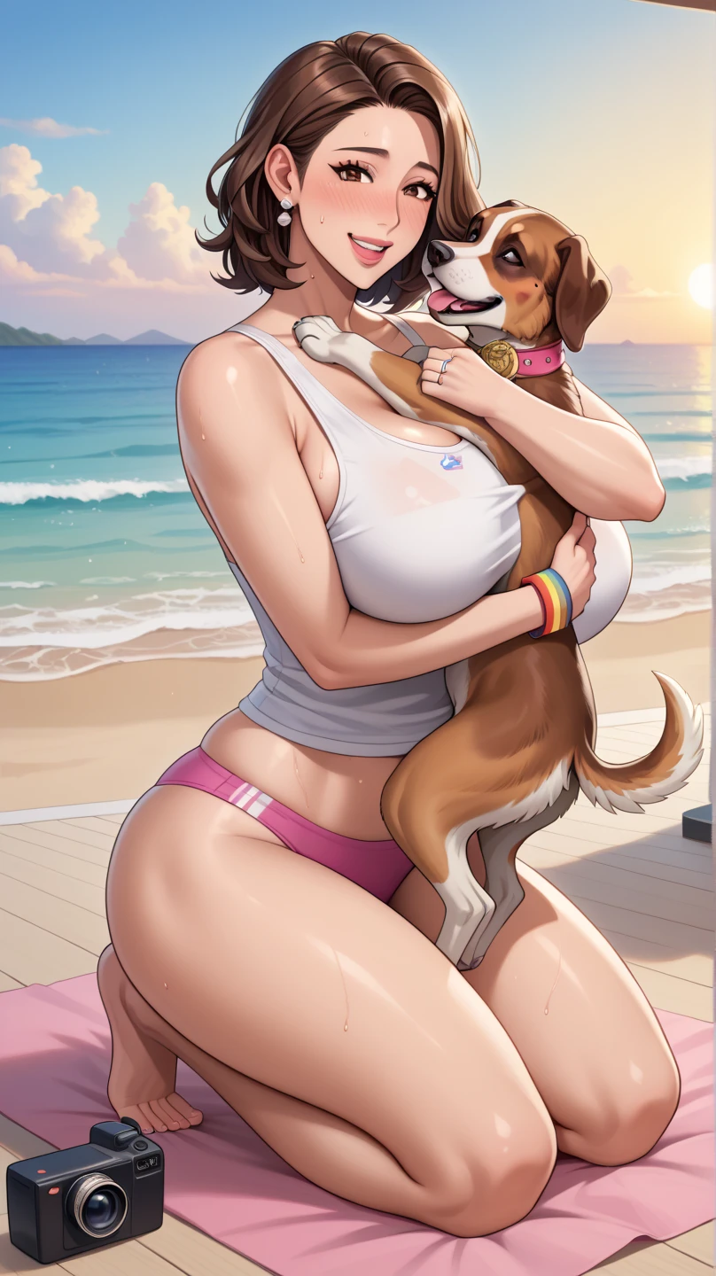 ((top quality, 8k, masterpiece: 1.3, ultra hd, high quality, best quality, high definition, realism)), sharp focus: 1.5, Model Nobara kugisaki, orange eyes, Mole under the outer edge of the eye, Short brown hair, large breasts, naked, thighs, neocoill, neocoill style, blowjob, cum in mouth, deepthroat, throatpie, 1boy 1girl, man is standing, sucking dick, kneeling down, cum overflow, pink latex bikini top, short shorts, cum covered body, creampie, leaking cum, bukkake, beach, big long dick