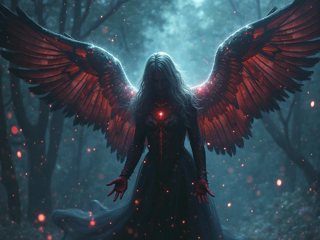 Cosmic Fallen Angel, glowing light eyes, Biomechanical, eerie, Creepy, nightmarish, Very bright colors, Light particles, with light glowing, Mshiff, wallpaper art, UHD wallpaper, cinematic styles, cinematic lights 