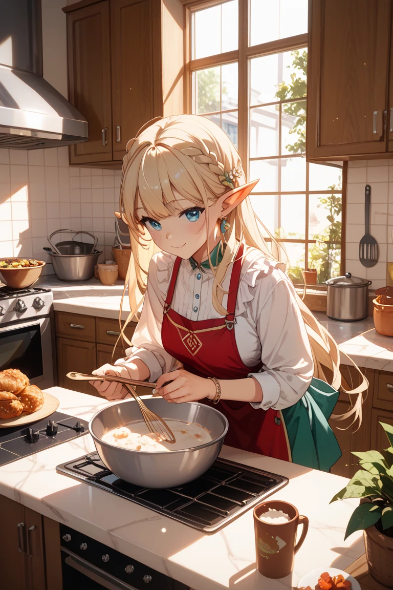 A very young elf girl preparing dinner in the kitchen at home at dusk.、Beautuful Women、happy face、blond hair、