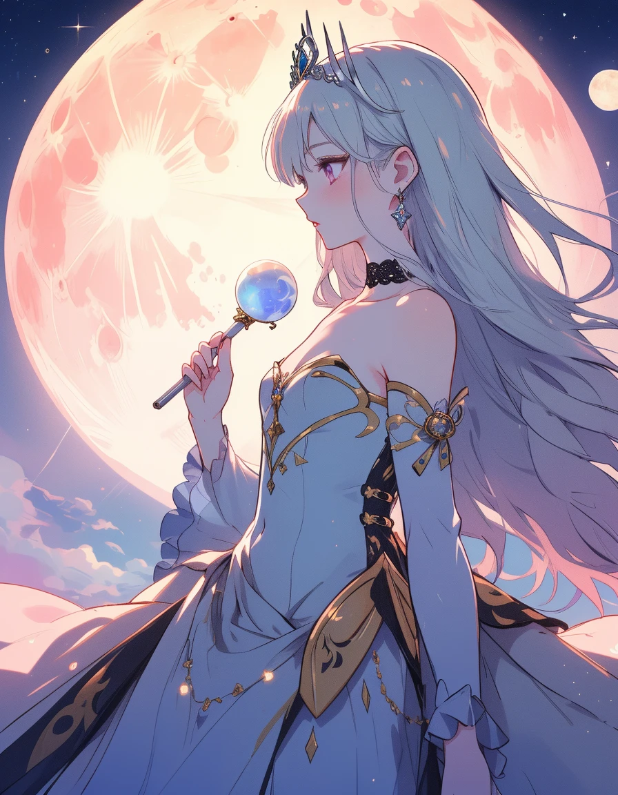 A princess with a delicate and beautiful face, large eyes, and translucent skin is looking up at the moon from a castle, enchantingly dressed in a traditional and glamorous medieval European dress and wearing a large hair ornament. A gentle, warm light surrounds the princess. The background is filled with soft out-of-focus light, and the pale blue and purple tones create a dreamy, serene, and enchanting atmosphere. Fireflies glowing in the moonlit night surround the princess, adding to the magical and ethereal atmosphere. Emphasis on the armpit and clavicle