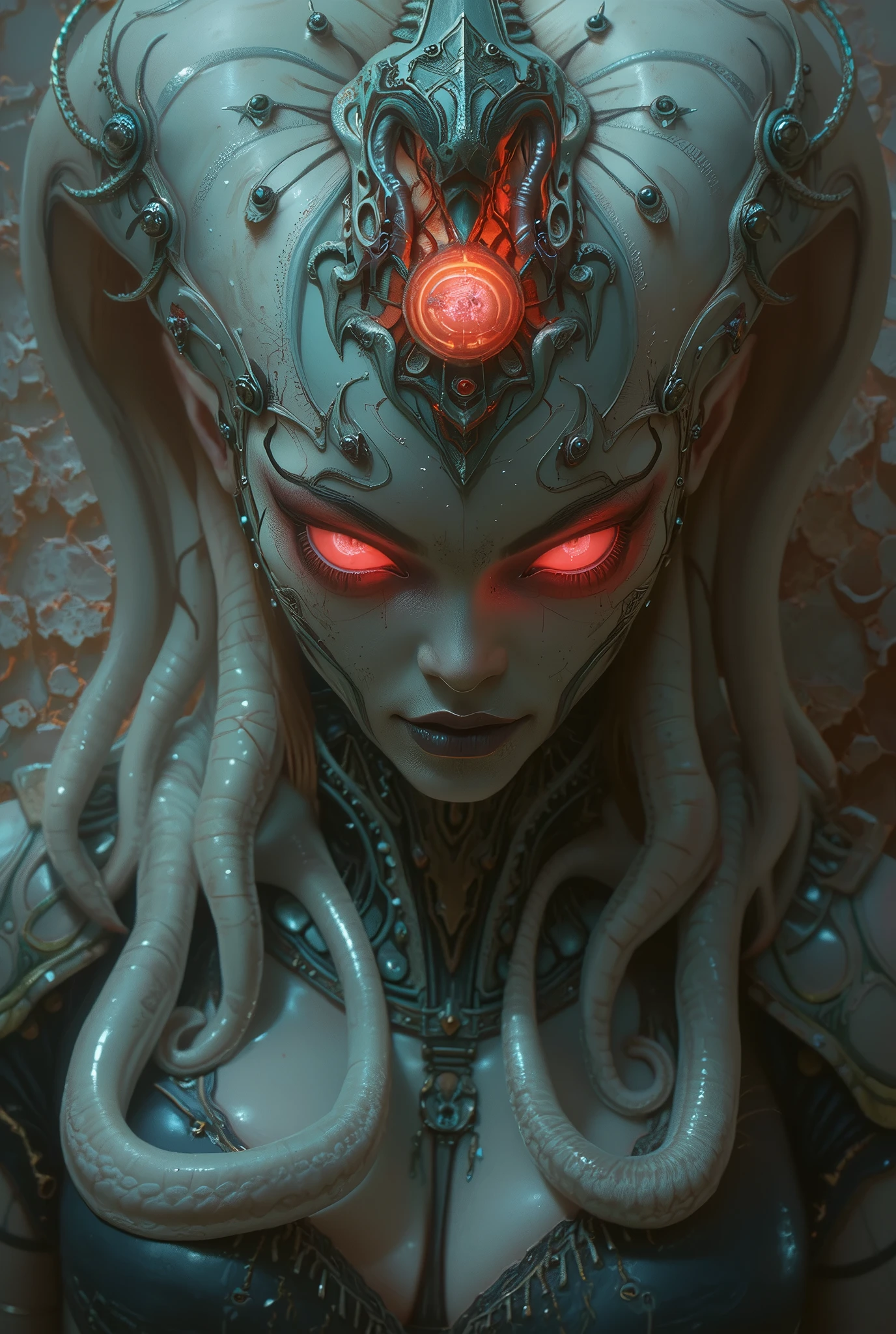 neon colored, (1 beautiful and obscene female alien:1.4), (There is a female genital-like organ in the middle of her forehead:1.95), She has medusa-like hair, (there are lots of translucent tentacles from her head like her hair:1.5), (vulgarity1.7), (she is looking down at viewers with glowing red eyes with no pupils:1.6), (She has translucent pale skin:1.4),(She has the most beautiful face in the history of the universe:1.2), (She has multiple bioluminescent organs on the side of her tentacles:1.4), (Her body is covered with an iridescent exoskeleton:1.4), (She is showing her arm pits:1.6), an evil gaze that seduces, wet long tongue, (looking down at viewers:1.4), (bio luminescent:1.4), (Smile wickedly:1.3), (sexypose:1.4), alien, No humans, cells are fused, extraterrestrial, cell, bio image, ultra high resolution, (photos realistic:1.7), (Numerous award-winning masterpieces, with incredible detail, textures and maximum detail), Dramatic Lighting, cinematic quality, (exquisite details:1.2), High freshness, drawing faithfully, Beautiful eyes with fine symmetry,(Highly detailed face and eyes:1.2),(Super detailed skin quality feeling:1.4), perfect anatomy, (Beautiful toned body:1.5), (Moist skin:1.2), not wearing makeup, (dark circles:1.1), cinematic drawing of characters, cinematic quality, (exquisite details:1.2), high resolution, High freshness, drawing faithfully, official art, Unity 8K Wall paper, ultra detailed artistic photography, midnight aura, unreal engine 5, Ultra Sharp Focus, art by MUCHA, art by Amano Yoshitaka, ArtGerm, ultra realistic realism, dream-like, Creation of fantasy, dream Snail, (biopunk nautilus:1.3),Thrilling color schemes, seductively smiling, Amazing mutation, well-proportioned body, goddess of the deep sea, fractal, Geometric pattern, impossible figures, subtle emerald green accents, (expression of ecstasy:1.5)