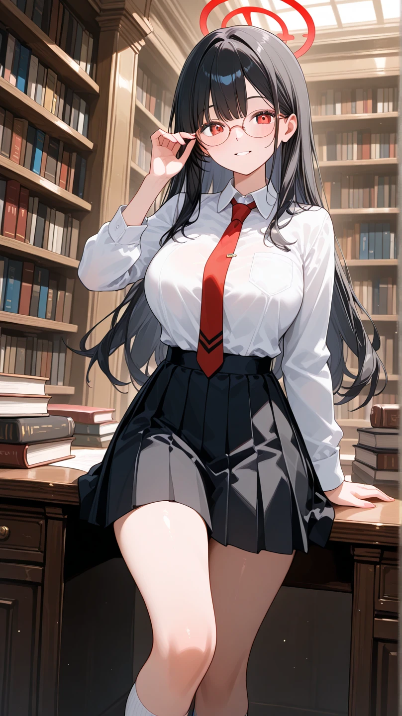 long hair, black hair, medium breast, slim legs, happy, cleavage, short skirt, rin tohsaka, twin tail, navel, blue eyes, school uniform, thigh high socks, standing, library