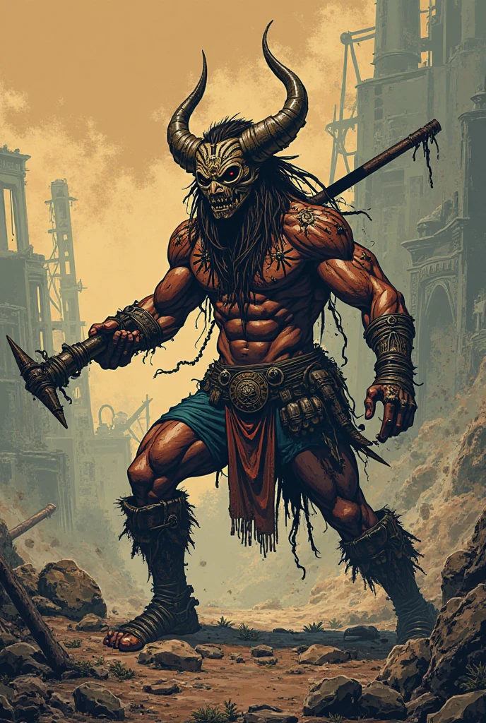 Predator, orange with red mane, minotaur-like horns, spiked black bracelets, red shirt and cargo shorts, masterpiece, best quality