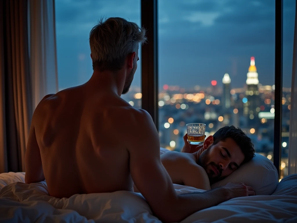 1 muscular and attractive man in very small underwear being hypnotized, and touched on the chest and legs by a very skinny, effeminate, shirtless, nerdy gay man. Hyperrealism, full body shot