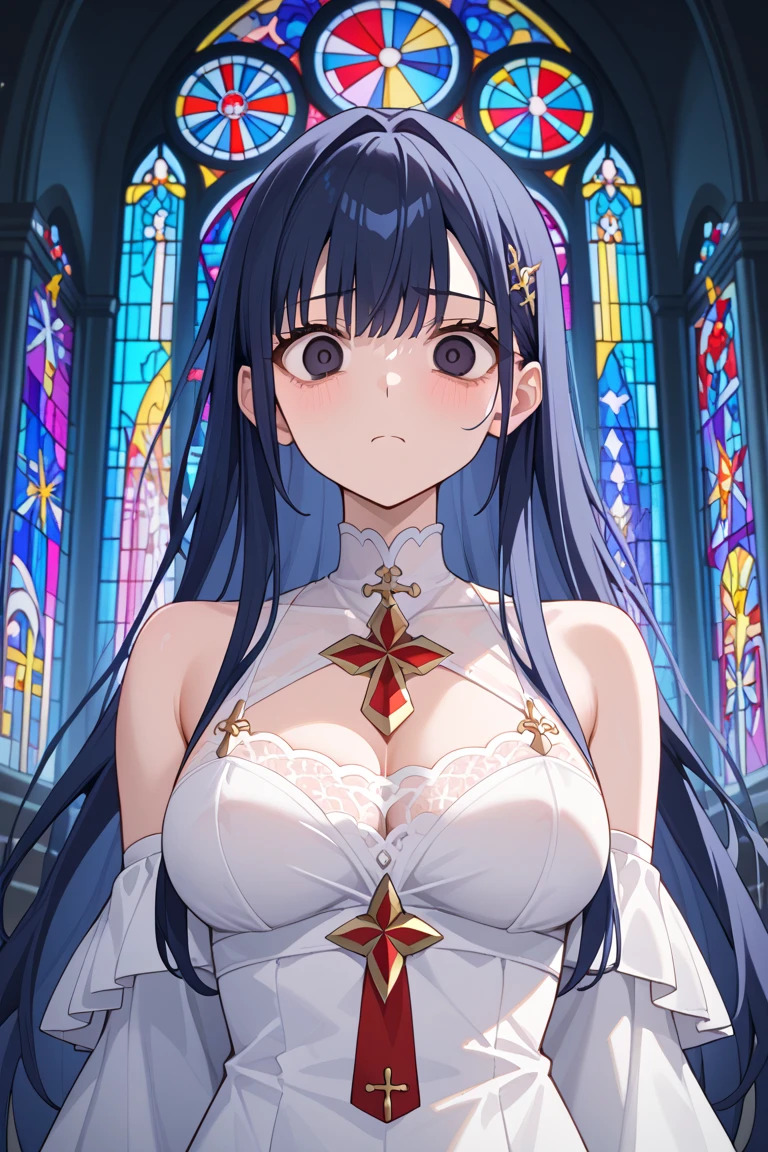 masterpiece, best quality, ultra-detailed, illustration,masterpiece, Best quality, high resolution, high resolution, dscarly, blue eyes, solid eyes,pupil,1girl, solo, long hair, beautiful detailed eyes, looking at viewer in a seductive look, close up, (breast focus), (arms behind back:1.2), (from above:1.1),big sized breasts, attempt to seduce,blush, cleavage ,(wide thighs:1.4), (weeding dress), (white dress),(white veil),(tight dress),((inside church))