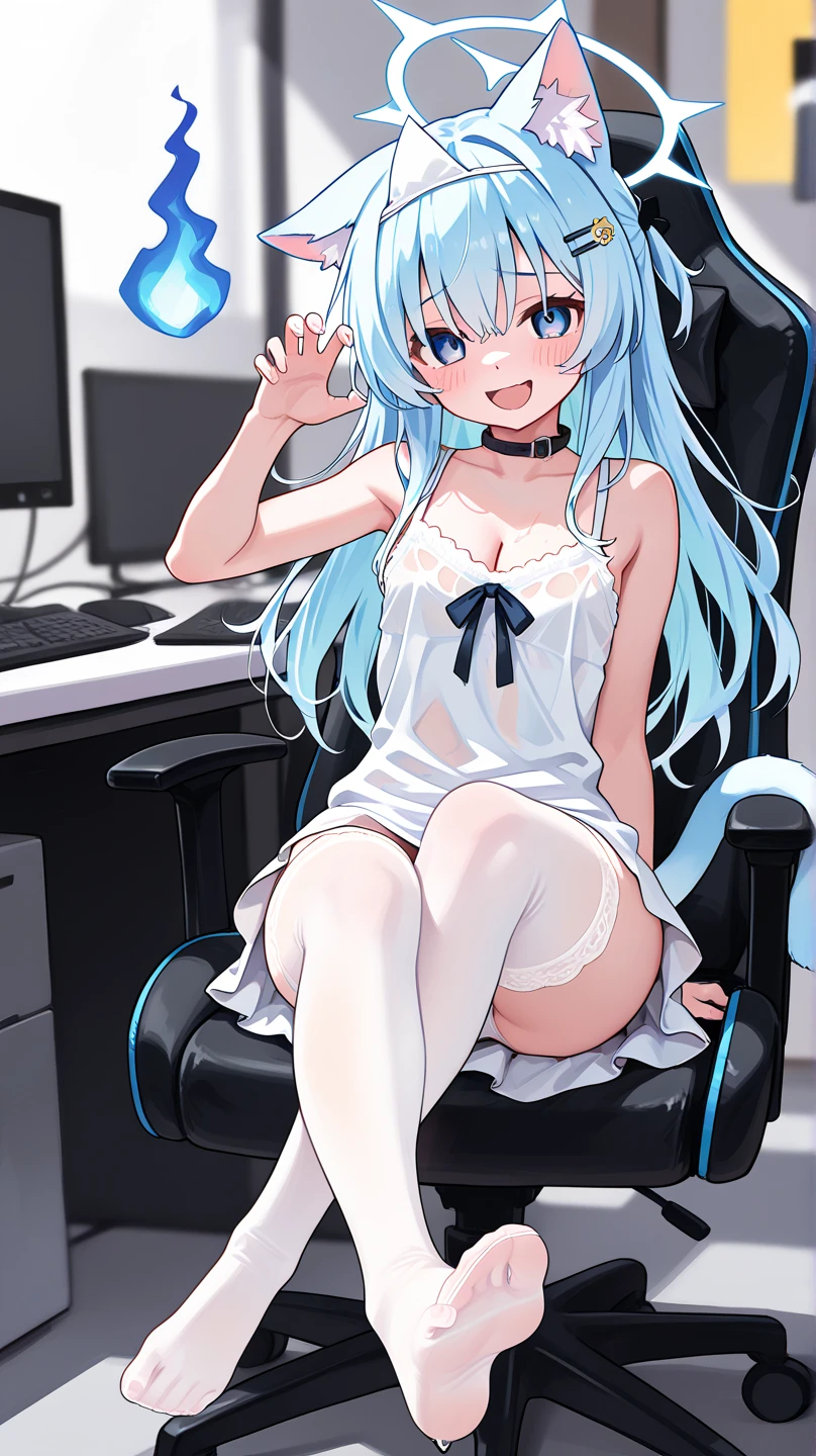 A cute woman (sheer lingerie, cat ear head set, comfy cameraoffice chair, brightly colored hair with matching contact lenses) is at her gaming center, she is making lewd poses for the camera
