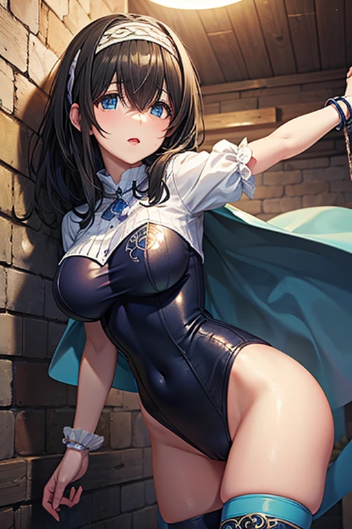 One lady,ar old, ,((())), (()), (())((I'm opening my mouth)),((micro skirt, bodysuit and short cloak))(A smile),Wet with sweat,(A dark-haired,),((Fantasy,natta))((Clothes are torn))