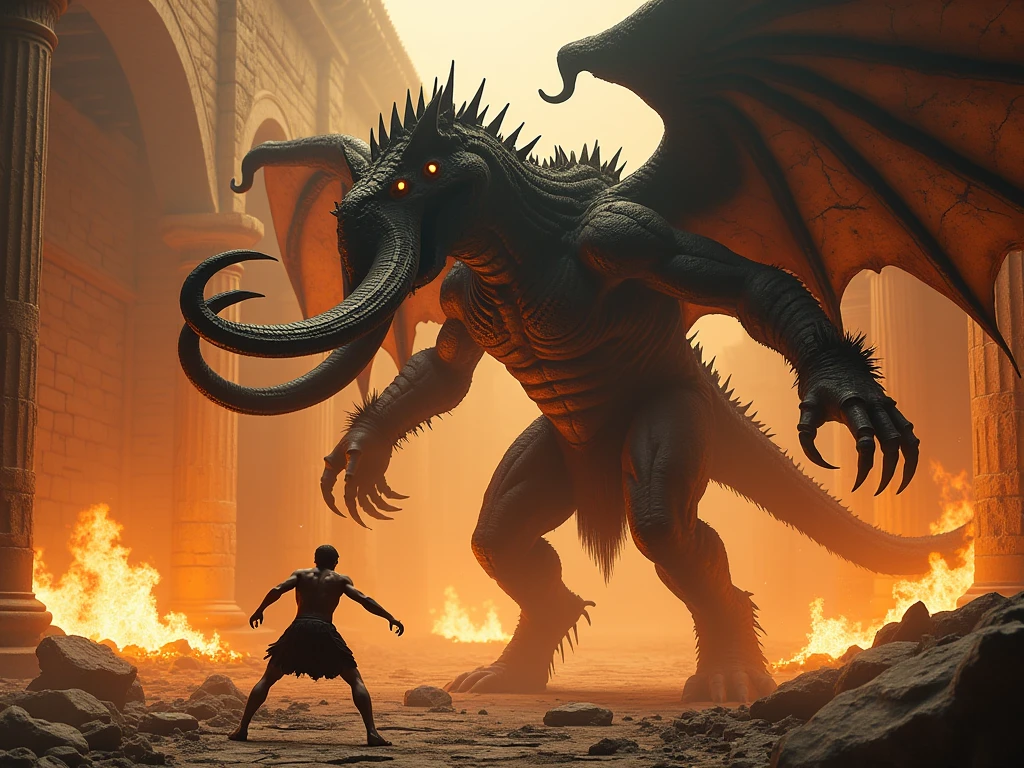 A huge monster with one small and one huge hand made by stone in red and black and white colours, he has horn on his head and a tail. He holds a weak man by his neck and lifts him up