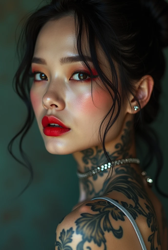 Japanese woman from the front with long curly black hair, big lips, red lipstick and tattoo on her arms 