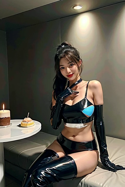 smile, Browsing Caution, BDSM, slave, Black Bondage, ((highest quality, 8k, masterpiece: 1.3)), (Layered Cut, big: 1.2), Beautiful girl with perfect body shape: 1.4, Sharp focus: 1.2, Slim Abs: 1.2, Wet body: 1.5, Highly detailed face and skin texture, Fine grain, double eyelid, Short black hair, Hair Clip, choker, Recall, panties, garter belt, Dark Background, Rubber latex gloves, Hips, turn around, A baseball on the shelf next to her,