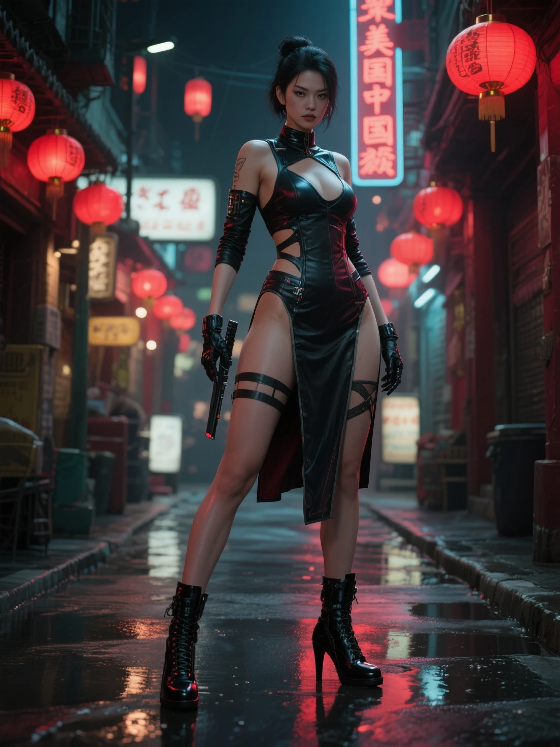hyper realistic image of an Asian woman with short hair, dressed in a black leather blouse and shorts. She has two samurai swords strapped to her side with black leather straps and is wearing high-heeled black leather boots. She is striking a random pose in a dimly lit, cyberpunk-style subway station with prominent shadows and a dark atmosphere. Dramatic light.